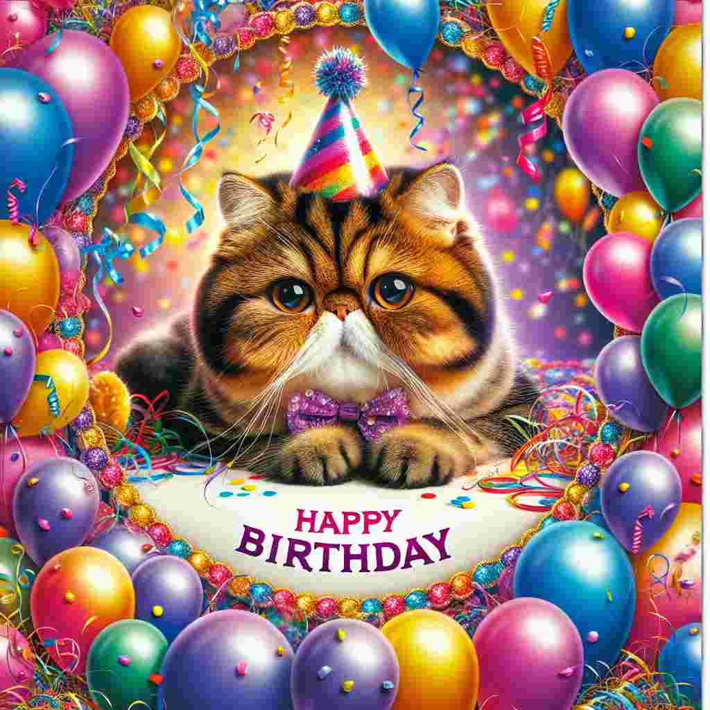 An adorable Exotic Shorthair cat sits in the center of a vibrant birthday card surrounded by colorful balloons and streamers. It's wearing a tiny party hat, and right above it, in cheerful, bold letters, the text 'Happy Birthday' completes the festive scene.
Generated with these themes: Exotic Shorthair Birthday Cards.
Made with ❤️ by AI.