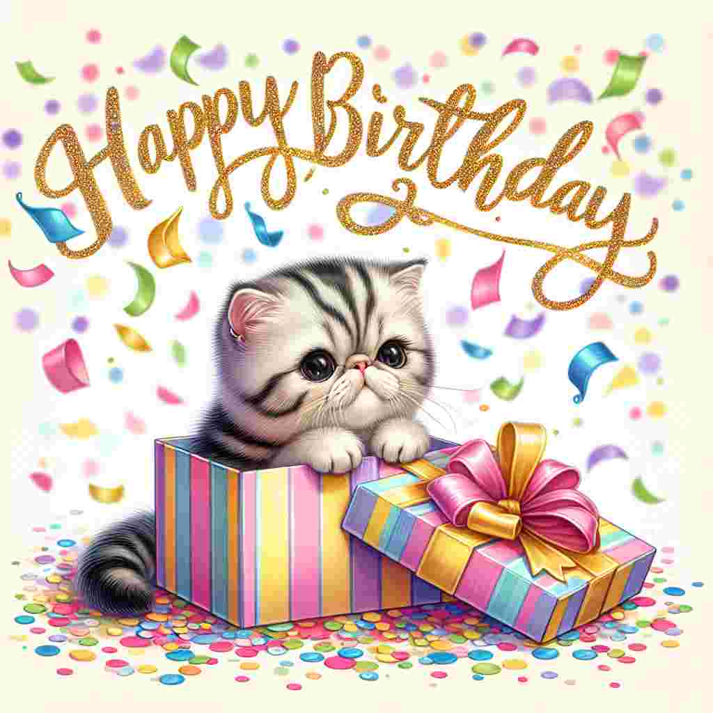 The birthday card features a playful Exotic Shorthair kitten poking out of a gift box. Confetti is sprinkled all around, and 'Happy Birthday' is written in cursive, shimmering atop the design, providing a whimsical touch to the illustration.
Generated with these themes: Exotic Shorthair Birthday Cards.
Made with ❤️ by AI.