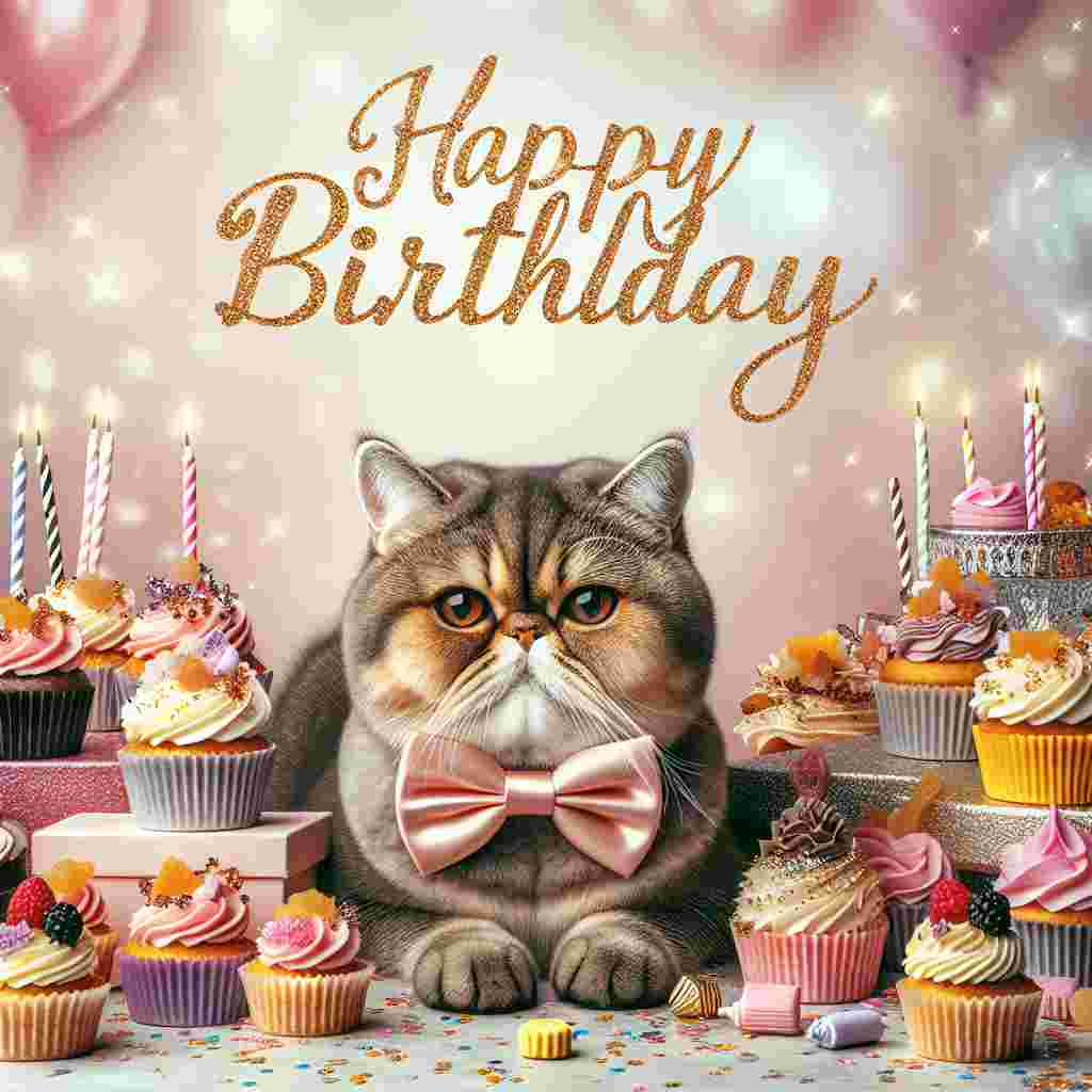 An Exotic Shorthair donning a cute bow tie is surrounded by a flurry of cupcakes and party favors. The scene is set against a pastel background with sparkles, and the prominent 'Happy Birthday' message is styled to match the cat's charming elegance.
Generated with these themes: Exotic Shorthair Birthday Cards.
Made with ❤️ by AI.