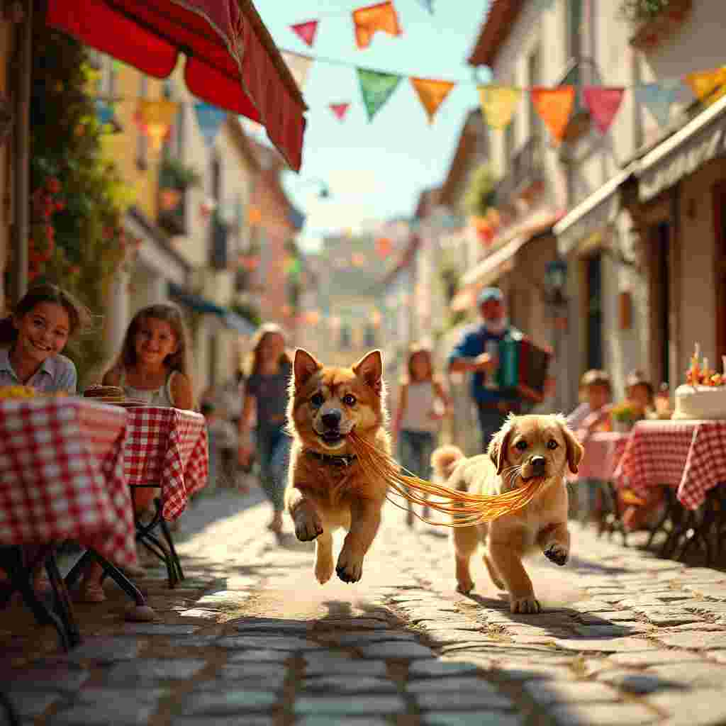 In a quaint, sun-drenched Portuguese village, the scene is set in a bustling town square filled with colorful, cobblestone streets and rustic, terra-cotta roofed houses. At the heart of the square, an adorable tabby cat with big, curious eyes is mid-chase, its paws in mid-air, playfully pursuing a fluffy golden retriever who holds a strand of spaghetti in its mouth like a trophy. The dog's eyes twinkle with mischief as it dashes around a charming, open-air café. Around them, the tables are adorned with checkered red and white tablecloths and plates filled with delicious, steaming pasta and rice dishes.

Nearby, a group of three children with beaming smiles are running in a spirited race, their feet kicking up the sunlit dust, and in the background, an elderly man in a traditional Portuguese fisherman's cap is playing a melodious tune on his accordion, adding a musical element to the festive atmosphere. Above them, strings of colorful papel picado flutter in the gentle breeze, casting intricate shadows on the cobblestones below. On one of the café tables, a birthday cake decorated with tiny figurines of cats and dogs sits proudly, candles ready to be lit. The entire scene bursts with vibrant, lively details, capturing the joyous essence of a birthday celebration amidst the picturesque charm of Portugal.
Generated with these themes: Cats , Running , Pasta , Portuagal , Dogs, and Rice .
Made with ❤️ by AI.