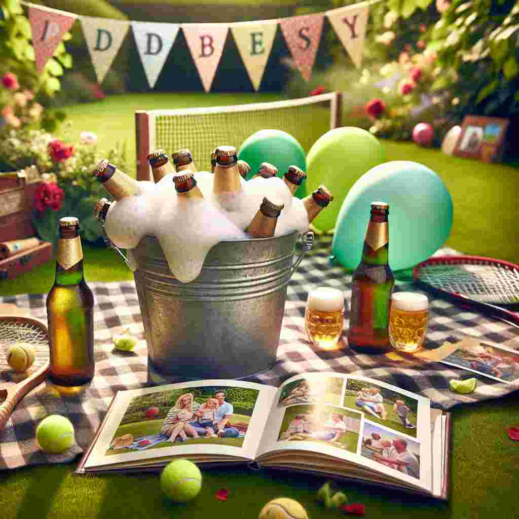 A charming picnic scene set in a lush, grassy backyard exudes warmth. A checkered blanket sprawls out softly on the green landscape. The centerpiece of this setup is a cluster of chilled beers, their frothy head rippling gently, housed in a cool, inviting bucket. Evidence of a friendly tennis match is strewn around, the tennis balls and rackets casually pushed aside. Colorful streamers and joyous balloons flutter lively overhead, each carrying a letter spelling out 'Dad's Day'. A picturesque scrapbook lays open, each page adorning family pictures and artful drawings, narrating the beautiful story of a cherished Father's Day.
Generated with these themes: Tennis, Beer, and Family.
Made with ❤️ by AI.