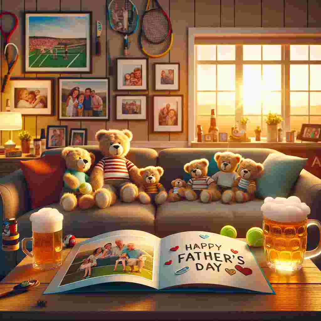 Generate an image of a warm and inviting living room, where a family of plush toys are happily arranged on a cozy couch. The room is decorated with tennis-themed items such as rackets and balls hanging on the walls. A coffee table in the room holds a picturesque family photo album. Next to the album are cheerful beer mugs filled with overflowing foam. A handcrafted card with 'Happy Father's Day' written on it is opened to reveal sincere messages. The setting sun outside the window casts a golden hue over the room, enhancing the atmosphere of love and admiration for dad.
Generated with these themes: Tennis, Beer, and Family.
Made with ❤️ by AI.