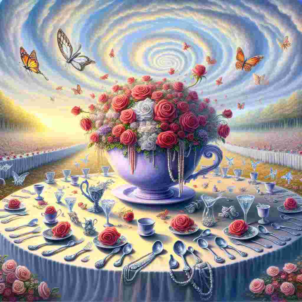 Visualize an open and sunlit glade with an extravagant feast table stretched out under a sky enveloped by twirling shades of pastel. In the heart of the scene, there sits a huge lavender teacup flooding with red roses and white lilies, symbolizing a quiet tribute to motherly affection. Crystal butterflies float around the teacup, their wings sounding like fragile glass bells, personifying a peculiar character known as 'the Clatterer'. Silver spoons and strings of pearls lay scattered across the tablecloth, their random clinks together creating a musical celebration of motherhood, yet no mother is present.
Generated with these themes: alison the clatterer.
Made with ❤️ by AI.