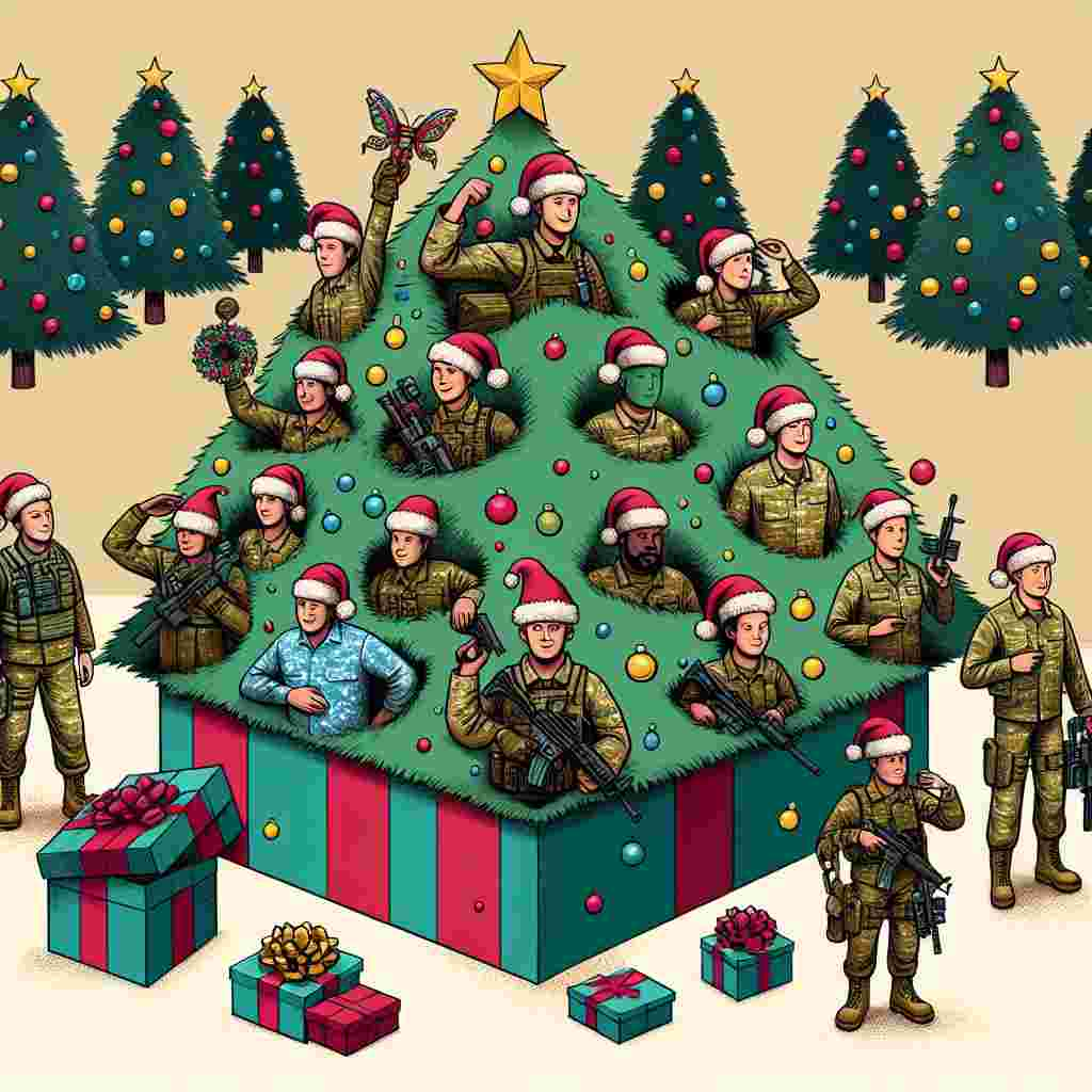 An amusing Christmas-themed illustration depicts a jolly group of army soldiers, each wearing a Santa hat. They are whimsically camouflaged amongst a forest of decorated Christmas trees, with one cheekily popping out of a gift box.
Generated with these themes: Army , and Christmas .
Made with ❤️ by AI.