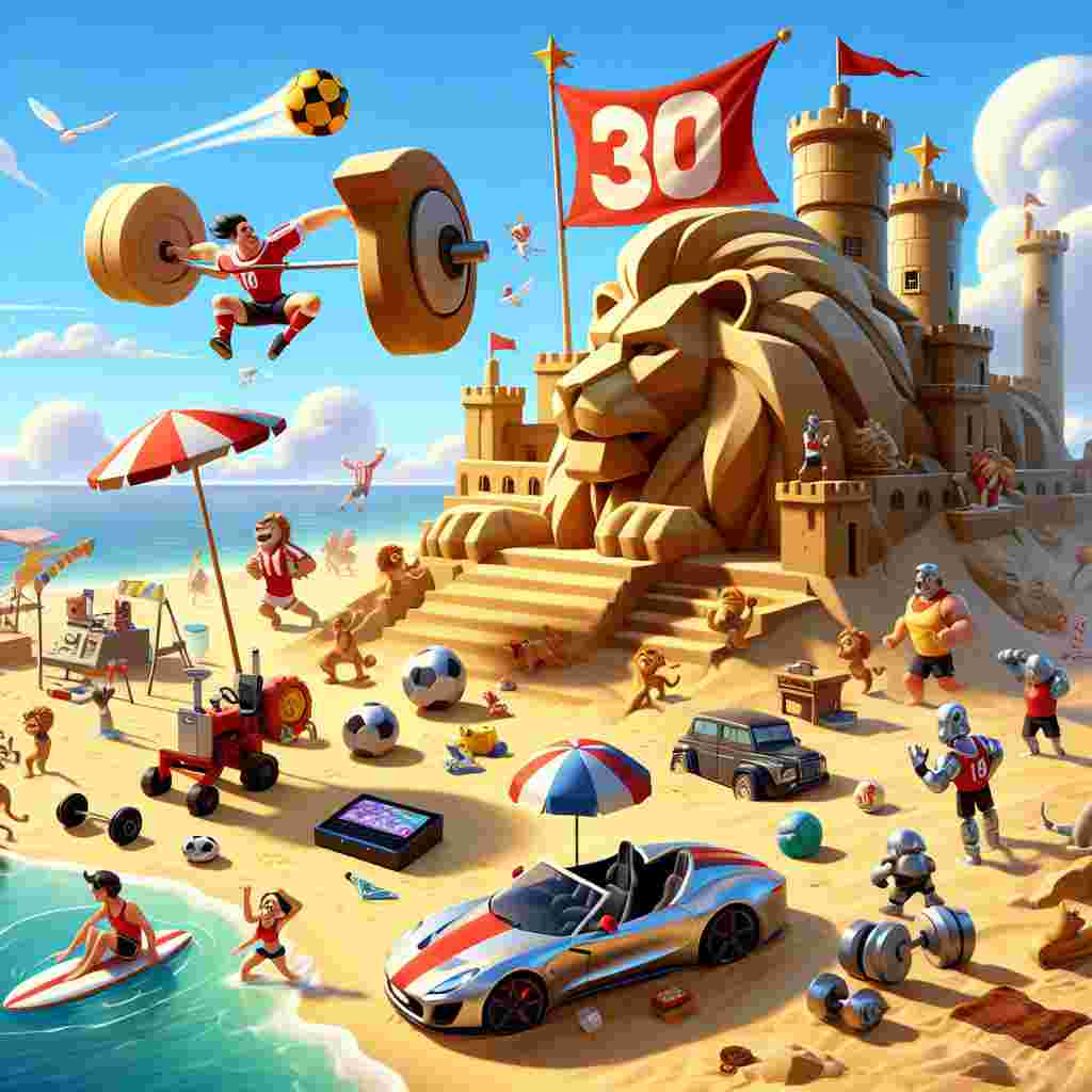 Depict an animated beach setting bustling with activities that signify a 30th birthday celebration. The sandy terrain is lively with a cordial soccer game taking place that features anthropomorphic lions as the players, reflecting a favorite sports team. A soccer ball is caught mid-flight, creating a sense of action within the scene. Under a beach umbrella lies contemporary gaming console, signifying one of the birthday celebrant's hobbies. Characters similar to those in popular animated shows are having a weightlifting competition with automobile-shaped weights. A stylish vehicle with a surfboard attached drives along the coast, next to an imposing sandcastle sculpted to resemble a lion's head. Emphasizing the celebrant's sports affiliation, a red and white scarf is draped over the sandcastle's battlements. Above, a cloud, similar to ones from popular animated shows, floats, bearing a dragon-shaped banner with the number '30' centrally displayed. This scene is a fusion of sports, hobbies, and mainstream culture, symbolizing the celebrant's favorite interests.
Generated with these themes: Liverpool FC, football, weightlifting, cars, lion, beach, ps5, 30th, dragon ball z.
Made with ❤️ by AI.