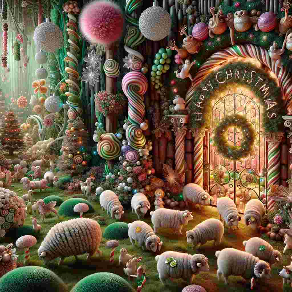 In this surreal Christmas garden, crystalline flowers emit a soft holiday glow, and ornamental vines creep up chocolate bark trees. Woolen sheep with sleigh-bell collars graze on mint leaf grass, as pudgy, winged cherubs play hide and seek among the bubble-gum bushes. A chorus of garden toads croaks carols from under a mistletoe-covered archway where, inscribed on a hanging wreath made of evergreen and holly, the phrase 'Happy Christmas' twinkles in candy-cane-colored lights.
Generated with these themes: Garden.
Made with ❤️ by AI.