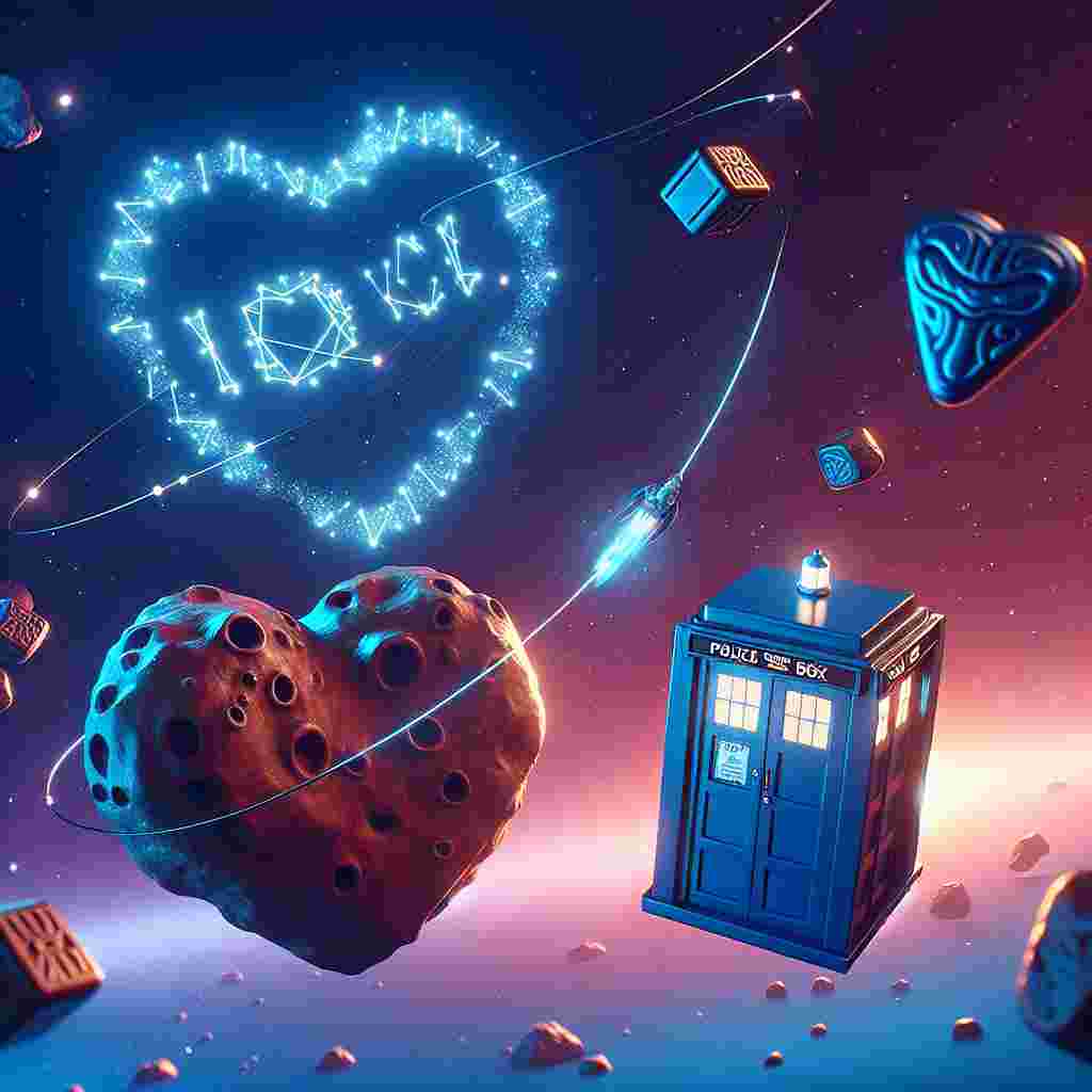In a vibrant, animated universe, an iconic blue, British police box, associated with popular science fiction, rests on an asteroid shaped like a heart. Surrounding this blue box are floating chocolates and glittering constellations that compose the phrase 'I love you'. In the background, a discreet logo that resembles a stylised wordmark with simple, clean lines glows faintly like a far-off star. Two endearing, unique extraterrestrial beings exchange a heart-shaped chocolate, a universal symbol expressing affection across the cosmos.
Generated with these themes: Doctor who, Universe, Love, I love you Twitch, and Chocolate.
Made with ❤️ by AI.