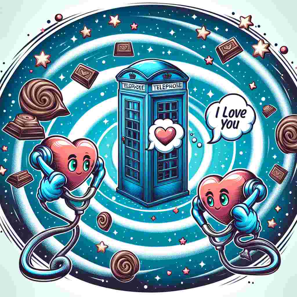 A whimsical cartoon design appropriate for Valentine's Day, showcases a vintage-inspired blue telephone booth, positioned on a swirling pattern of galaxies symbolizing the universe. In the foreground, two cartoon hearts are equipped with comic-like stethoscopes, sharing 'I love you' in an illustrative chat bubble inspired by live-streaming platforms. The backdrop is adorned with stars and floating chocolate treats, reinforcing the theme of love and indulgence.
Generated with these themes: Doctor who, Universe, Love, I love you Twitch, and Chocolate.
Made with ❤️ by AI.