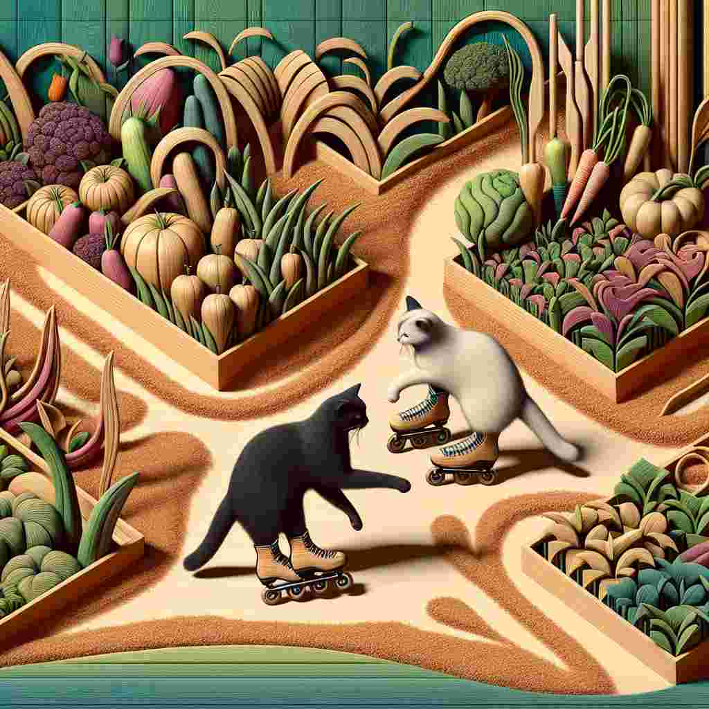 Create an image of two cats, one black and one white, gliding in whimsical inline skates through an abstract and surreal garden allotment. The garden exhibits an exceptional display of carpentry with all plants, vegetables, and flowers represented in rich wooden textures, creating a nebulous line between the organic and the handcrafted. The cats' intertwined tails sketch heart shapes in sawdust, leaving behind an eccentric, yet touching, ode to love during this otherworldly Valentine's Day experience.
Generated with these themes: Black and white cats, Inline skating , Allotment , and Woodwork .
Made with ❤️ by AI.