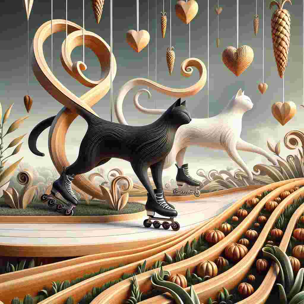 Visualize a remarkable Valentine's tableau unfolding in a surreal landscape. Two stylized cats, one with glossy black fur and the other with pristine white fur, are portrayed in an elegant, graceful dance atop inline skates. They maneuver along a vast allotment, where each furrow and plant springs forth from elaborately carved wood. The wooden details merge naturally with the organic element, emphasizing the harmonious interplay between handmade and natural beauty. Suspended wooden hearts hang from the slender tendrils of plants, as if bearing witness to the loving spectacle. As the cats glide past, they navigate through rows of wooden, oversized vegetables and finely etched flowers, their trailing ribbons entwined and symbolizing a celebration of unity and love.
Generated with these themes: Black and white cats, Inline skating , Allotment , and Woodwork .
Made with ❤️ by AI.