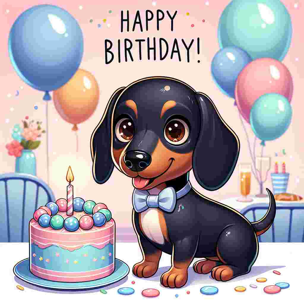 Create a heartwarming image illustrating a birthday celebration with a cartoon-styled adult Dachshund. The dog should have a sleek black and tan coat and captivating brown eyes. It stands on its hind legs near a festively decorated table. The table should be surrounded by pastel-colored balloons and a scrumptious birthday cake topped with a single candle. The Dachshund, featuring a regular build and wearing a fashionable bow tie, is smiling delightfully, becoming the adorable centerpiece of the lively festivities.
.
Made with ❤️ by AI.