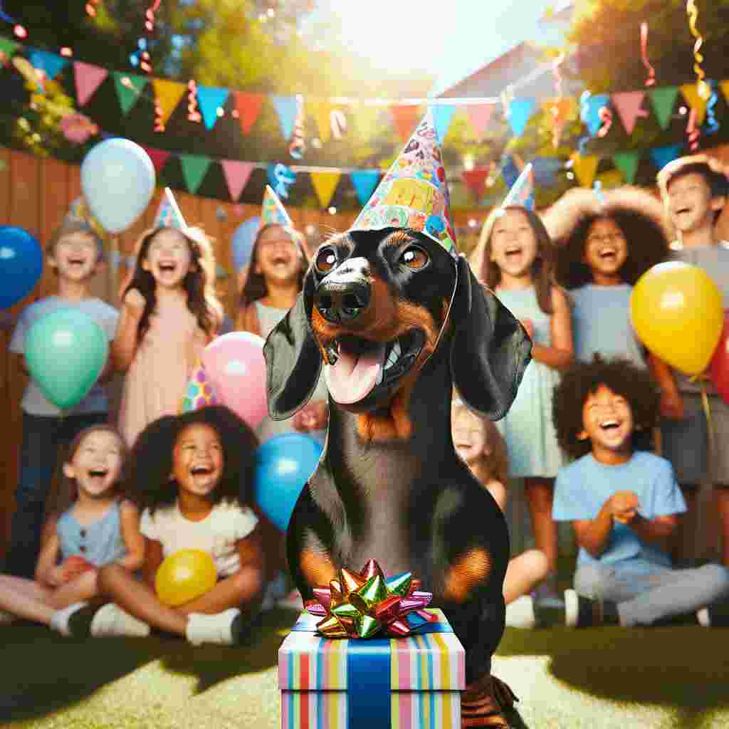 A portrait of a vibrant birthday celebration unfolding in a bright, sunny backyard. The setting is decorated with an array of colorful balloons and streamers, dancing in the gentle breeze. At the heart of the scene, a joyous adult Dachshund with a lustrous black and tan coat showcased along with its warm brown eyes is positioned. The dog is donned in a tiny party hat, with its tail wagging elatedly. The canine is surrounded by a group of ever-smiling kids holding various descent: White, Black, Hispanic, Asian, and Middle-Eastern resonating with giggles. In the dog's mouth, it holds a wrapped birthday gift, an indication of a celebration in progress.
.
Made with ❤️ by AI.