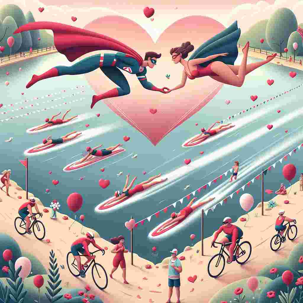 A charming Valentine's Day scene unfolds with a couple donned in superhero attire, gently holding each other's hands as they levitate over a peaceful lake. In the water, swimmers elegantly perform a ballet, sketching a huge heart with their movements, adding to the romantic atmosphere. The festive celebration carries on at the shoreline, where participants engage in a triathlon. They cycle and sprint on paths embellished with vibrant balloons and banners, all leading to a finish line beautifully decorated with strands of red and pink flowers, emphasizing the themes of love and cooperation.
Generated with these themes: Swim, Cycling, Run, and Superheroes.
Made with ❤️ by AI.