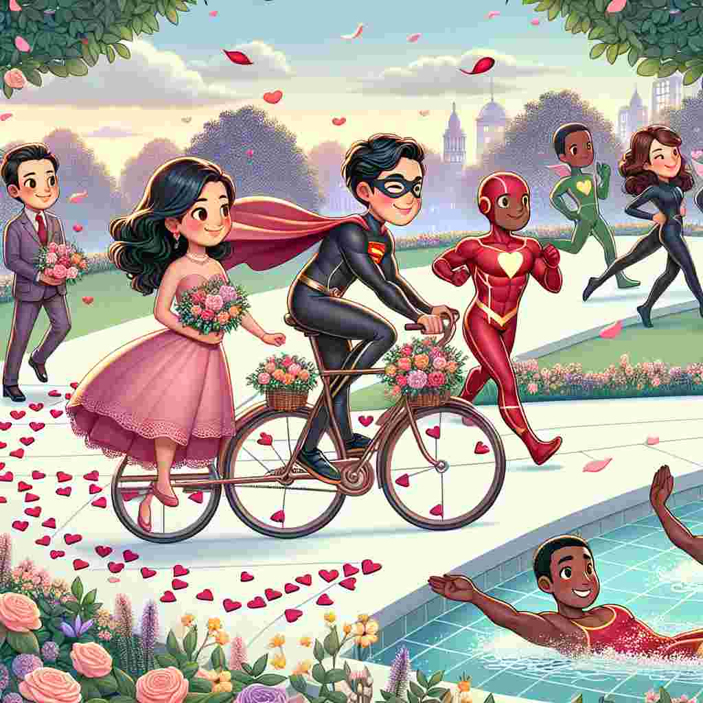 Show a whimsical Valentine's Day illustration set in a serene park. The focal point being a charming Middle-Eastern male and a Hispanic female pedaling on a tandem bicycle decorated with hearts, maneuvering through a heart-shaped cycling track. A distance away, an Asian male dressed in superhero costume smoothy sprints along a walkway garnished with flowers, shedding a trail of rose petals, which signifies a sprint for love. Adjacent to them, a group of Black female and Caucasian male swimmers perform in a synchronized routine in a glimmering pool, creating a spectacle that mirrors a cupid's arrow.
Generated with these themes: Swim, Cycling, Run, and Superheroes.
Made with ❤️ by AI.