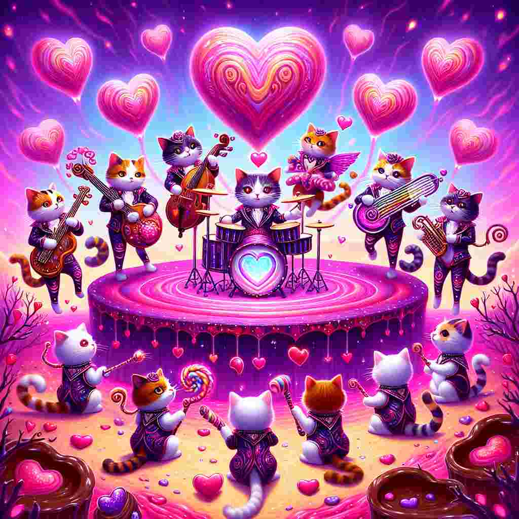 In this quirky Valentine's scenario, calico cats dressed in whimsical attire resembling a energetic musical band gather around a heart-adorned stage. The sky swirls with shades of pink and purple. Each cat holds a fantastical, luminescent musical instrument, casting an unusual yet romantic atmosphere throughout a landscape where rivers of chocolate flow and trees bear heart-shaped fruits. It's a fun, musical gathering in a fantastical Valentine's setting.
Generated with these themes: Calico cats, and Electric Mayhem .
Made with ❤️ by AI.