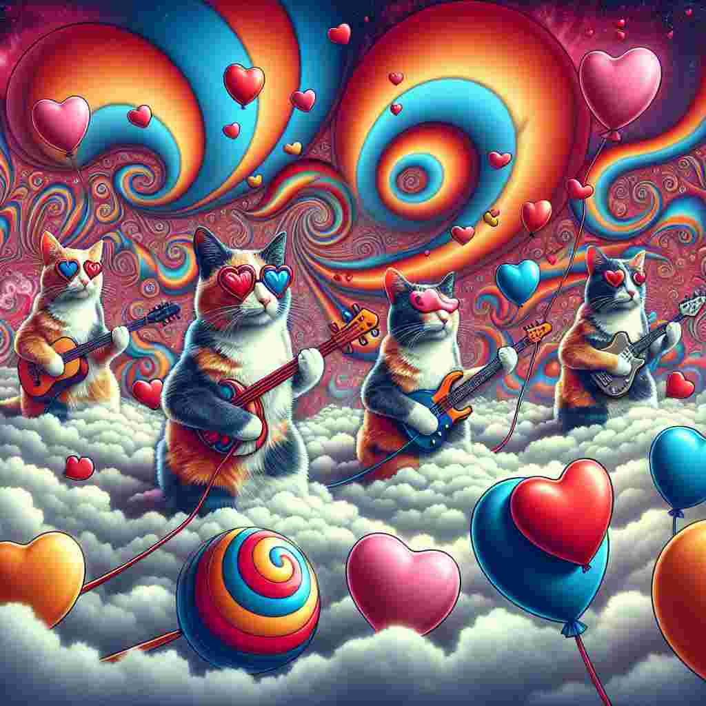 Imagine a surreal Valentine's Day illustration where the main characters are calico cats. These cats are enjoying themselves in a dreamlike landscape filled with heart-shaped balloons and clouds that resemble candies. Unusual playfulness is heightened as the cats are depicted playing instruments similar to those from a well-known fictional music band. The scene is enhanced with psychedelic swirls of color that capture the band's vibrant energy, cleverly merging the playful atmosphere of romance with the lively rhythm of music.
Generated with these themes: Calico cats, and Electric Mayhem .
Made with ❤️ by AI.