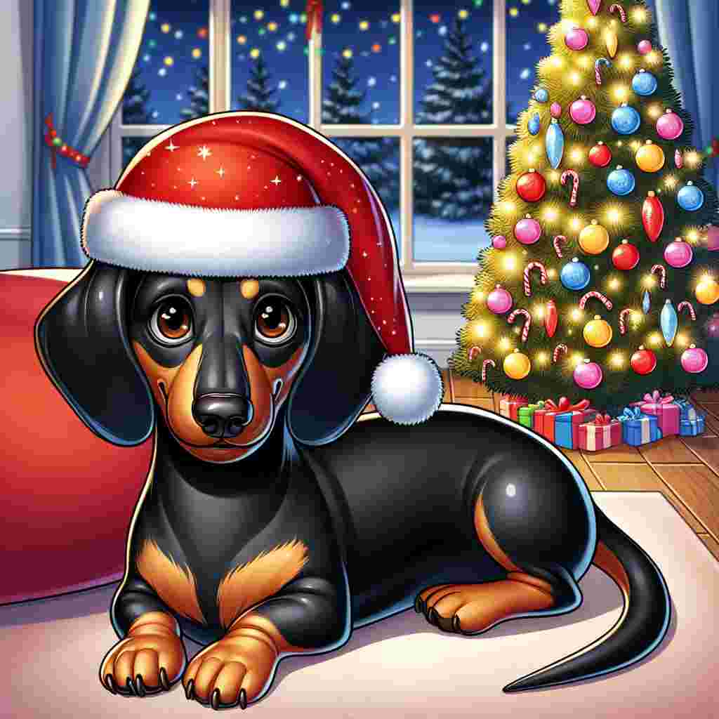 Create a delightful cartoon scene with a normal-built, black and tan Dachshund comfortably sitting next to a brightly illuminated Christmas tree. The dog's brown eyes are gleaming, reflecting the sparkling lights from the beautiful Christmas tree. It's wearing a fun, red Santa hat that is gently tipping on one side on its head. Around it, the room is tastefully decorated with festive garlands and colorful candy canes, making the setting feel even more homely. Outside the window, a serene snowfall is seen, further adding to the very festive and cozy Christmas atmosphere of the scene.
.
Made with ❤️ by AI.