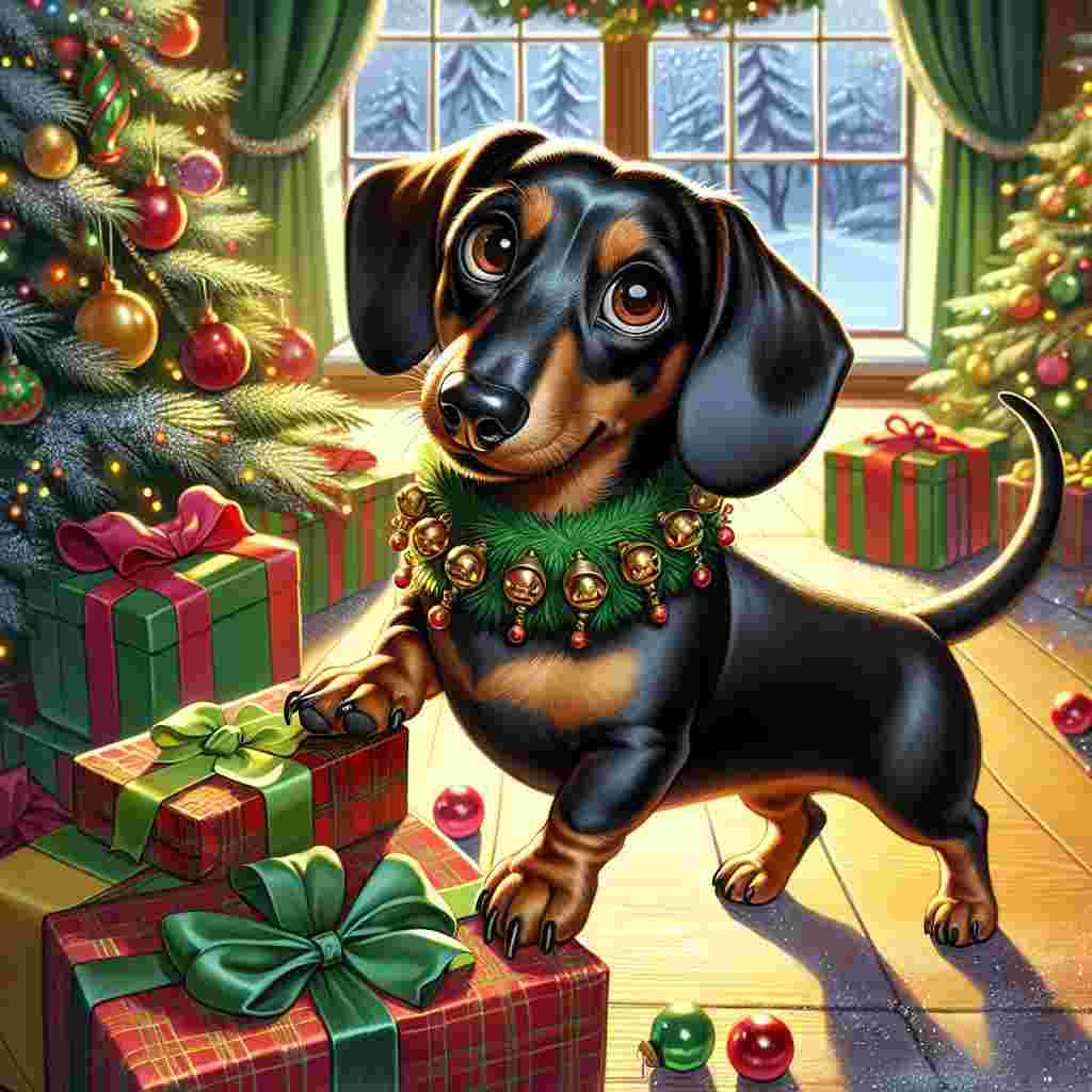 Create a cartoon image of a Christmas celebration. The scene is full of joy and warmth. The central figure is a black and tan Dachshund of average size. This dog, with its inviting brown eyes, is dressed up with a festive green collar adorned with bells, giving it the appearance of a Christmas elf. It's shown in a playful mood, pawing at a heap of wrapped gifts lying under a richly ornamented Christmas tree. The surrounding room is lit by a soft winter light coming from a frosty window. This light accentuates the Dachshund's shiny coat and brings a glistening touch to the room's cheerful decorations.
.
Made with ❤️ by AI.
