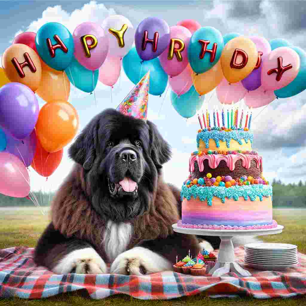 A heartwarming birthday illustration showcasing a fluffy Newfoundland dog wearing a festive party hat. The dog is seated beside a colorful cake topped with candles on a picnic blanket with 'Happy Birthday' elegantly written in balloons above.
Generated with these themes: Newfoundland  .
Made with ❤️ by AI.