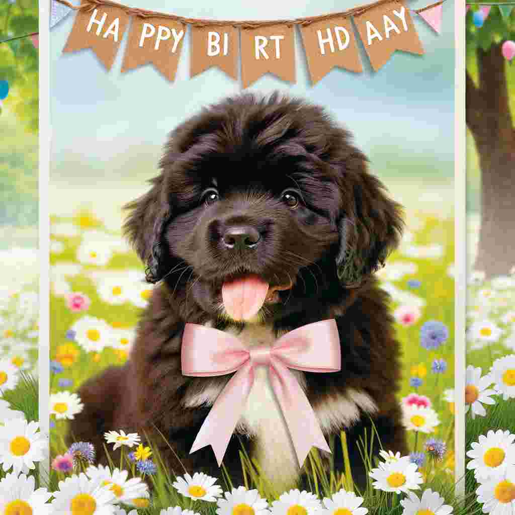 The scene displays a charming Newfoundland puppy with a bow around its neck, frolicking amid a field of daisies. In the background, a banner hangs between two trees, with the text 'Happy Birthday' fluttering in the gentle breeze.
Generated with these themes: Newfoundland  .
Made with ❤️ by AI.