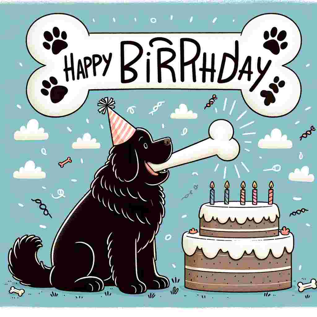 A playful illustration features a spirited Newfoundland dog with a party blower in its mouth, standing beside a giant bone-shaped birthday cake. Overhead, 'Happy Birthday' is written in the sky with a trail of paw prints acting as clouds.
Generated with these themes: Newfoundland  .
Made with ❤️ by AI.