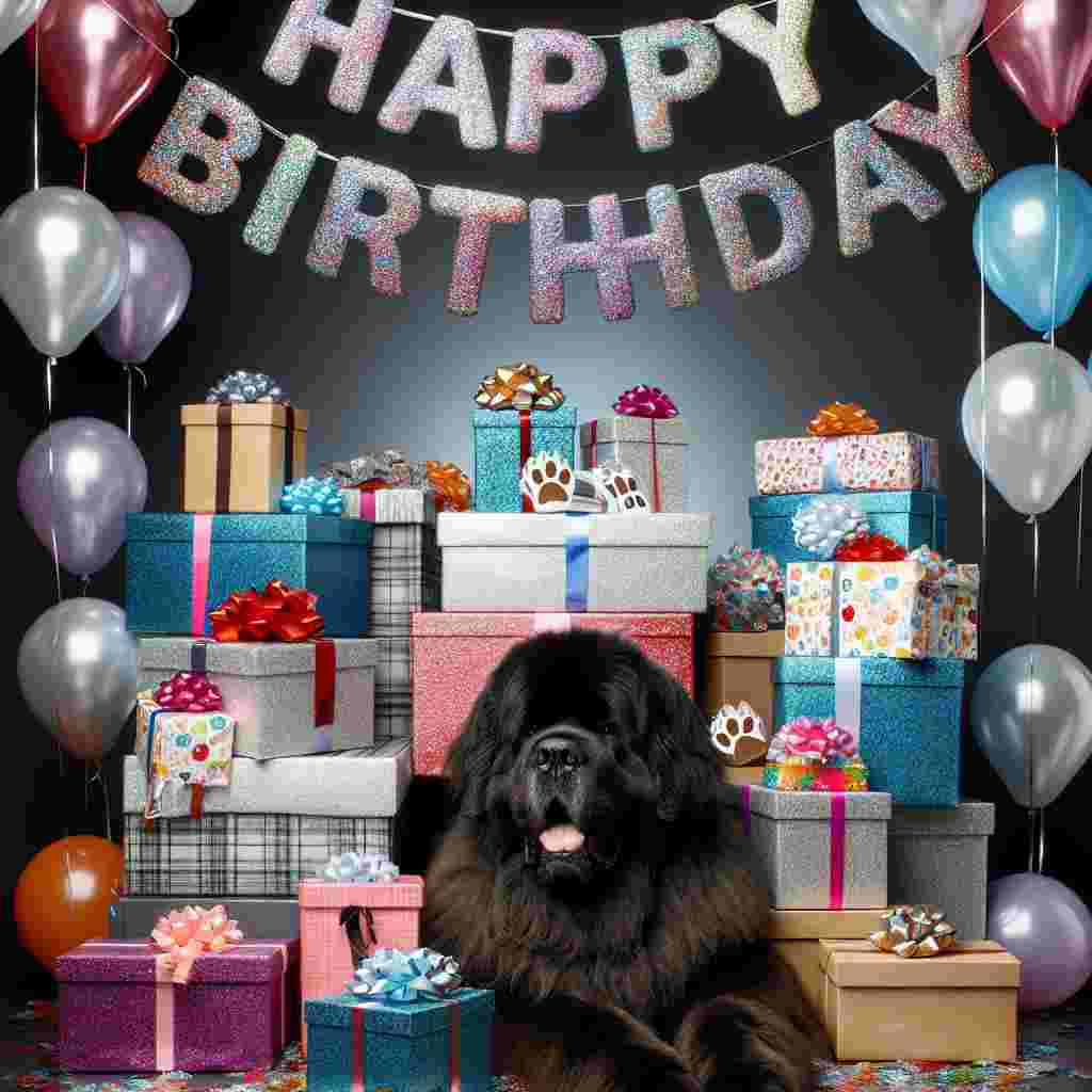 An adorable Newfoundland lies amidst a pile of birthday presents, with each gift wrapped in bright, cheerful paper. Above the gentle giant's head, 'Happy Birthday' is spelled out in a string of shiny, paw-shaped glittering letters.
Generated with these themes: Newfoundland  .
Made with ❤️ by AI.