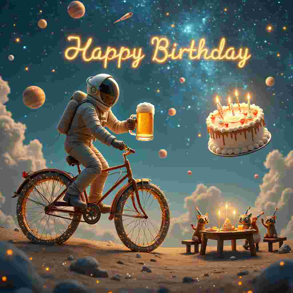 In the surreal birthday scene, imagine a vast cosmic landscape with a star-studded sky that seems to be part of a galactic carnival. To the left of the scene, there's an oversized bicycle made entirely of twinkling stardust and constellations. Its wheels are glowing orbs, and the frame is a delicate lattice of shimmering stars. Seated on this celestial bike is a jovial astronaut in a vintage space suit, with a transparent dome helmet. In his gloved hand, he's holding an enormous stein of frothy beer that somehow doesn't float away in the zero gravity of space.

Beneath this otherworldly bicyclist, the ground is an alien terrain dotted with luminous mushrooms and phosphorescent plants that light up the scene. In the background, several planets and moons of various colors and sizes hang like decorations from invisible threads. Floating nearby, there's a telescope made from what looks like a giant pretzel, pointed towards a distant nebula shaped like a birthday cake, complete with candle-like stars flickering at its top.

To the right, a group of cosmic creatures—think multi-eyed, fluffy, pastel-colored beings—are gathered around a floating picnic table, raising their beer mugs towards the biking astronaut in a toast. The table itself is laden with space-themed snacks, like meteorite cheese and comet crackers. Above this lively gathering, shooting stars streak across the sky, leaving behind sparkling trails that spell out "Happy Birthday" in glowing, cursive script. The entire scene is a delightful, whimsical blend of the extraordinary and the familiar, inviting the viewer to lose themselves in this birthday celebration among the stars.
Generated with these themes: Star gazing ,biking ,beer .
Made with ❤️ by AI.