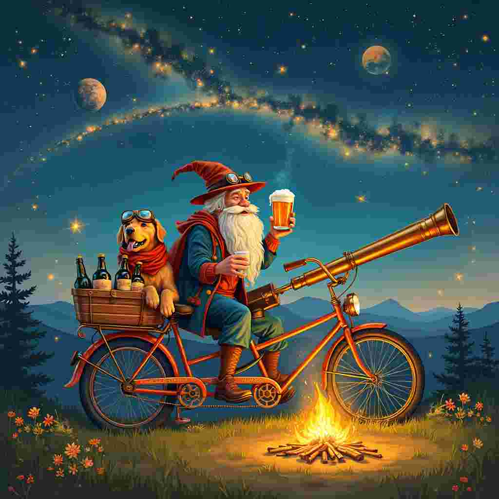 In the foreground of the birthday card, a whimsical tandem bicycle built for two sits parked on a grassy hill. The bicycle is an amalgamation of vibrant colors, with a basket attached to the front and filled with bottles of frosty beer, their labels illustrated with tiny galaxies. One rider is a happy golden retriever, wearing a bright red scarf and aviator goggles, sitting in the front basket with paws on the handlebar. The second rider, a jubilant elderly man with a long, flowing white beard and a pointed wizard hat adorned with tiny twinkling lights, stands next to the bike, holding a frothy pint of beer in one hand. The beer is in a tall, crystal-clear glass, capturing the reflection of the starry sky above.

The grassy hill they stand on is dotted with wildflowers that glow faintly, almost as if absorbing the starlight. Behind them, a telescope made of polished brass and mahogany stands poised, aimed at the heavens. The lens of the telescope is unusually large and ornate, with engravings of constellations around its edges.

In the sky above, constellations are whimsically reimagined to form patterns of beer mugs, bicycles, and dogs. The Milky Way sprawls across the night sky, appearing like a river of liquid light pouring from a cosmic beer tap, creating a surreal connection between the heavens and earth. Distant planets glow softly, some shaped like giant, floating hops.

At the base of the hill, a group of friends sits around a small bonfire, toasting with their beer mugs raised high, their faces lit up with joy. Their bikes, similar in eclectic design but smaller than the tandem, are scattered around, leaning against each other. Each bike has small, twinkling fairy lights strung through the spokes, mirroring the stars above. 

This birthday card scene blends the charm of stargazing, the joy of biking, and the camaraderie of sharing a beer, creating a fantastical snapshot of a whimsical celebration under the cosmic canopy.
Generated with these themes: Star gazing ,biking ,beer .
Made with ❤️ by AI.