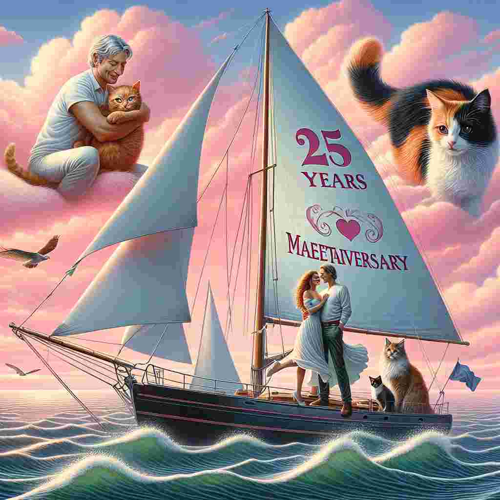 An enchanting scene unfolds on calm ocean waves where a sailing yacht drifts under a tender pink sky, symbolic of Valentine's Day. A couple, a Caucasian man and a Hispanic woman, celebrate their 25th Meetaversary on the deck of the yacht, sharing a heartfelt embrace. Adding a playful touch to the image, two cats are depicted in a light-hearted tangle; one is entirely ginger while the other exhibits a tricolor coat of black, white, and ginger. These felines highlight the enduring relationship of the couple. The sail of the yacht carries a poignant message - '25 Years' signifying the strength and timelessness of their bond.
Generated with these themes: Sailing yacht, 25 Years Meetaversary, Peter and Diane , Ginger cat, and Black, white and ginger cat.
Made with ❤️ by AI.