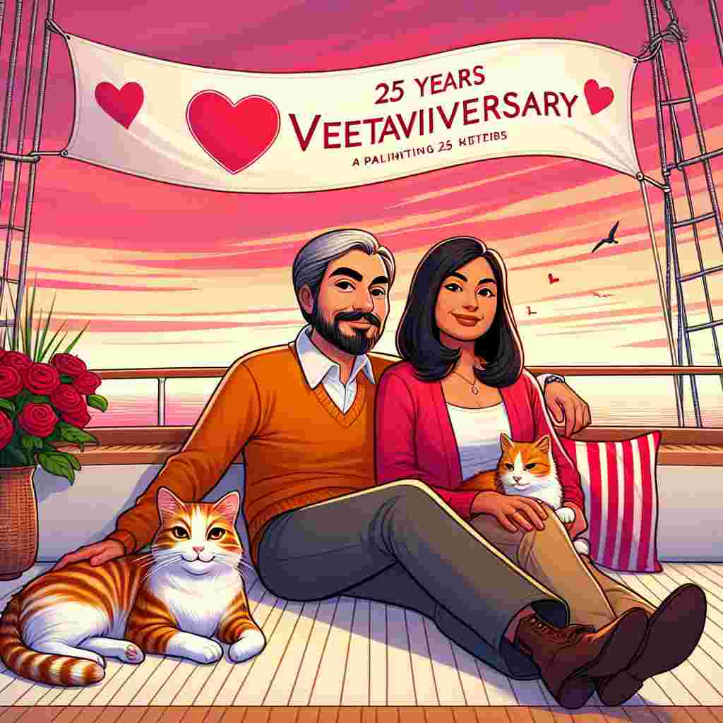 Picture a peaceful scene with two individuals, an Hispanic man and a South Asian woman, sailing on their yacht that's embellished with Valentine's Day decorations. The ambiance is set by the sky, which is streaked with shades of pink and red, evoking a romantic atmosphere. A banner rustles overhead, proudly displaying '25 Years Meetaversary', signaling their significant day. Relaxing at their feet are their cherished pets, a ginger cat and its partner, a tricolored feline of black, white, and ginger, both portraying satisfaction and tranquility in the amorous environment.
Generated with these themes: Sailing yacht, 25 Years Meetaversary, Peter and Diane , Ginger cat, and Black, white and ginger cat.
Made with ❤️ by AI.