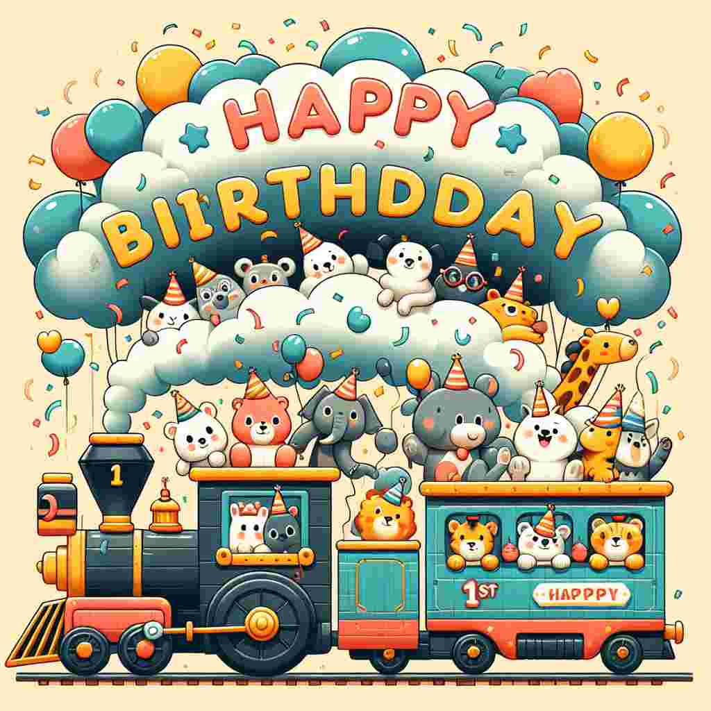 An enchanting scene depicts a cartoon train with animals onboard, each car decorated with cheerful birthday motifs and the number '1st' prominently displayed on the engine. Confetti falls from the sky, and above the train, clouds form the words 'Happy Birthday,' crafting an adventurous yet heartwarming tribute for a nephew's special day.
Generated with these themes: 1st   nephew.
Made with ❤️ by AI.