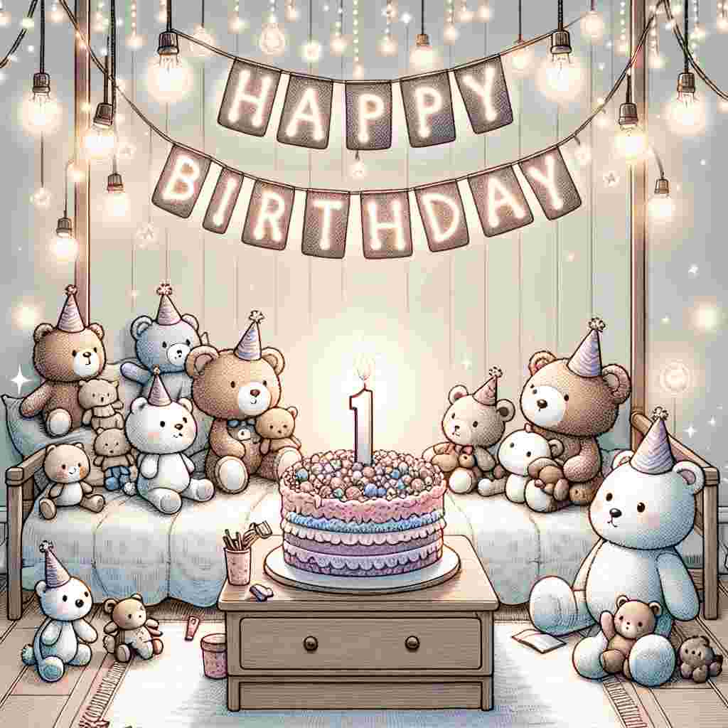 A cozy bedroom illustration with stuffed animals throwing a party, complete with miniature party hats and a cake topped with a single candle shaped like the number '1st.' On the wall, the text 'Happy Birthday' hangs from a twinkling fairy light string, adding a magical atmosphere to this intimate celebration scene for a nephew.
Generated with these themes: 1st   nephew.
Made with ❤️ by AI.