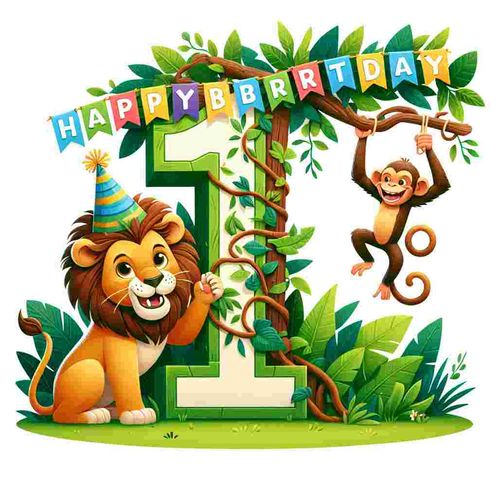A lively jungle-themed birthday illustration, showcasing a group of animal friends gathered around a large '1st' made of vines. A happy lion cub proudly wears a party hat while a monkey swings from a branch holding a banner that cheerfully exclaims 'Happy Birthday.' The playful setting encapsulates the spirit of a fun and memorable birthday for a nephew.
Generated with these themes: 1st   nephew.
Made with ❤️ by AI.
