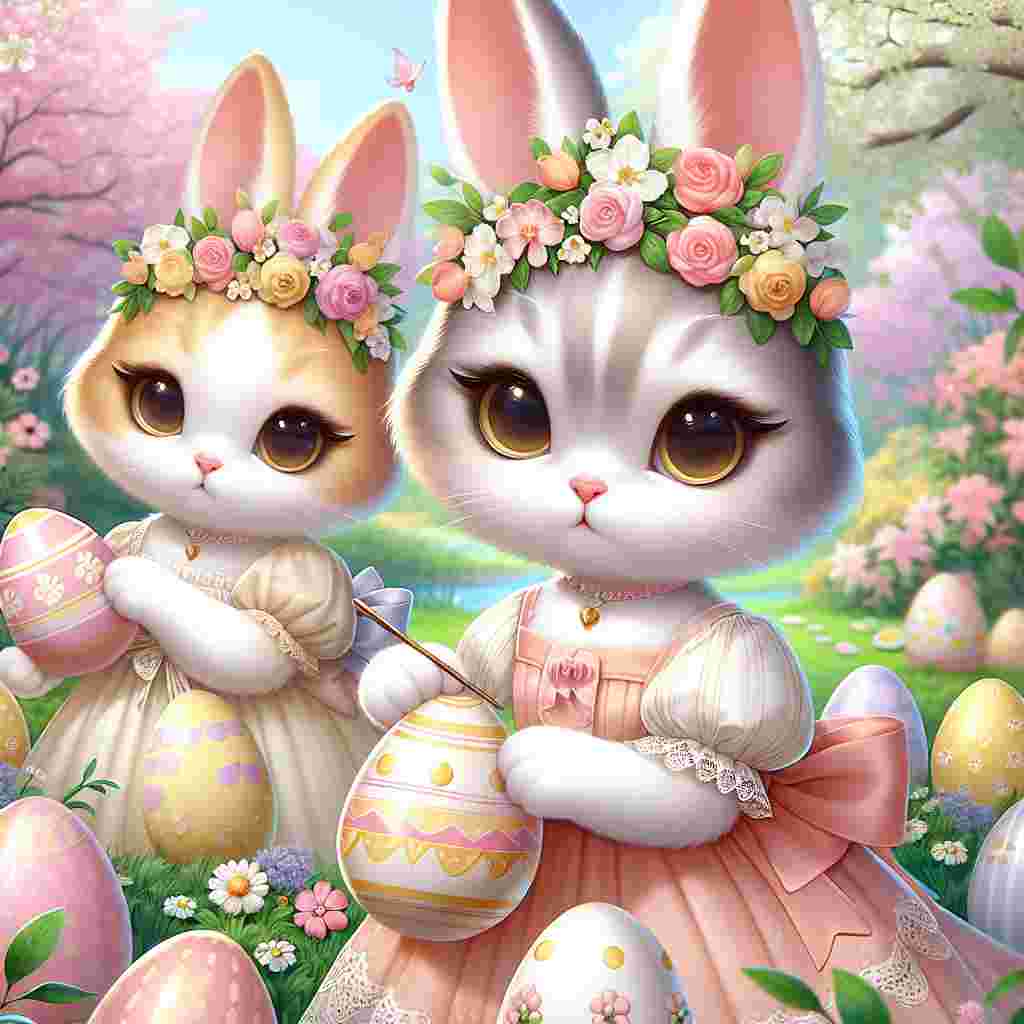 Depict a delightful Easter setting with a sense of realism, where cute cat characters are gracefully incorporated into the vernal theme. These feline characters are adorned with playful bunny ears and sport light, pastel-hued costumes that harmonize with the Easter eggs around them. The cats possess an elegant charm as they participate in classic Easter activities like embellishing eggs and taking part in a joyful egg hunt amidst a blossoming garden.
Generated with these themes: Sexy cats .
Made with ❤️ by AI.
