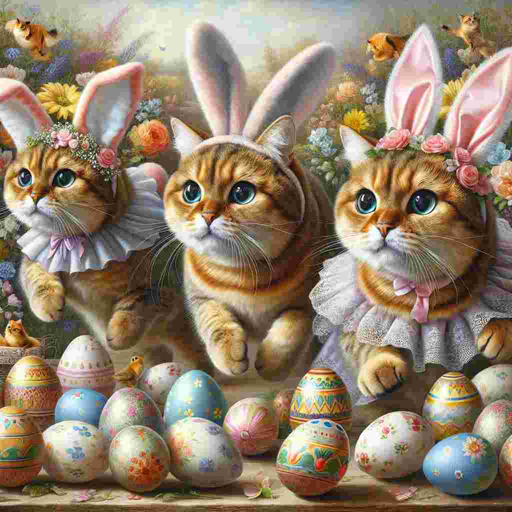 Picture a realistic Easter scene where cats in charming bunny ears and spring-inspired costumes, become central to the holiday celebration. These cats are not ordinary ones but have an appealing allure to them. They are seen playfully moving across a landscape intermixed with elaborately painted Easter eggs and gentle floral arrangements. The combinational aesthetics of the cats' fascinating charm and their engaging playfulness elevates the merry atmosphere of a traditional Easter setting.
Generated with these themes: Sexy cats .
Made with ❤️ by AI.