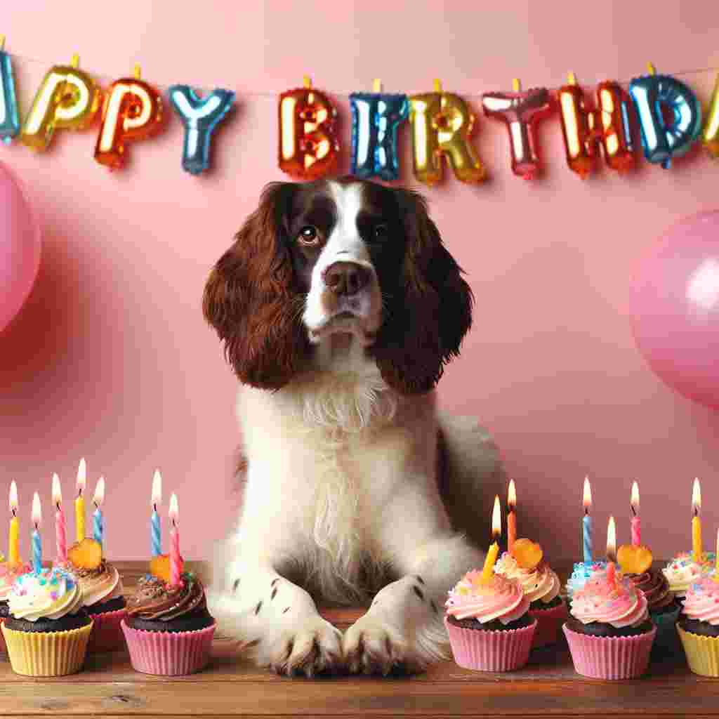 In this heartwarming birthday scene, an English Springer Spaniel sits at the center of a festive party scene, surrounded by cupcakes with lit candles. The words 'Happy Birthday' are playfully written above in cheerful, bubble letters.
Generated with these themes: English Springer Spaniel  .
Made with ❤️ by AI.