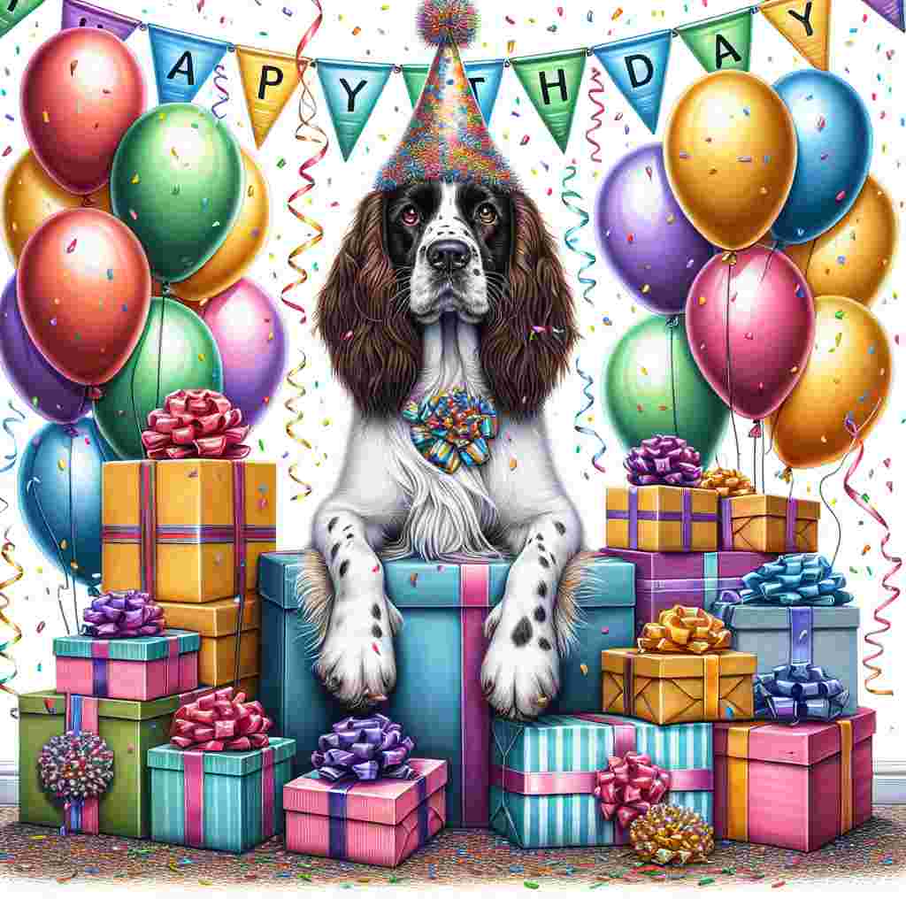 A colorful illustration depicts an English Springer Spaniel wearing a party hat, sitting amidst a pile of presents. Balloons float in the background, and a banner with the text 'Happy Birthday' drapes above the joyful scene.
Generated with these themes: English Springer Spaniel  .
Made with ❤️ by AI.