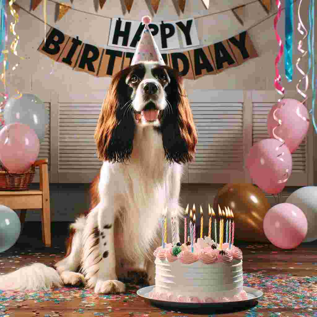 The scene shows a cheerful English Springer Spaniel with a birthday cake in front of him, complete with candles. Party streamers and confetti decorate the background, and the words 'Happy Birthday' are prominently displayed in a whimsical font.
Generated with these themes: English Springer Spaniel  .
Made with ❤️ by AI.