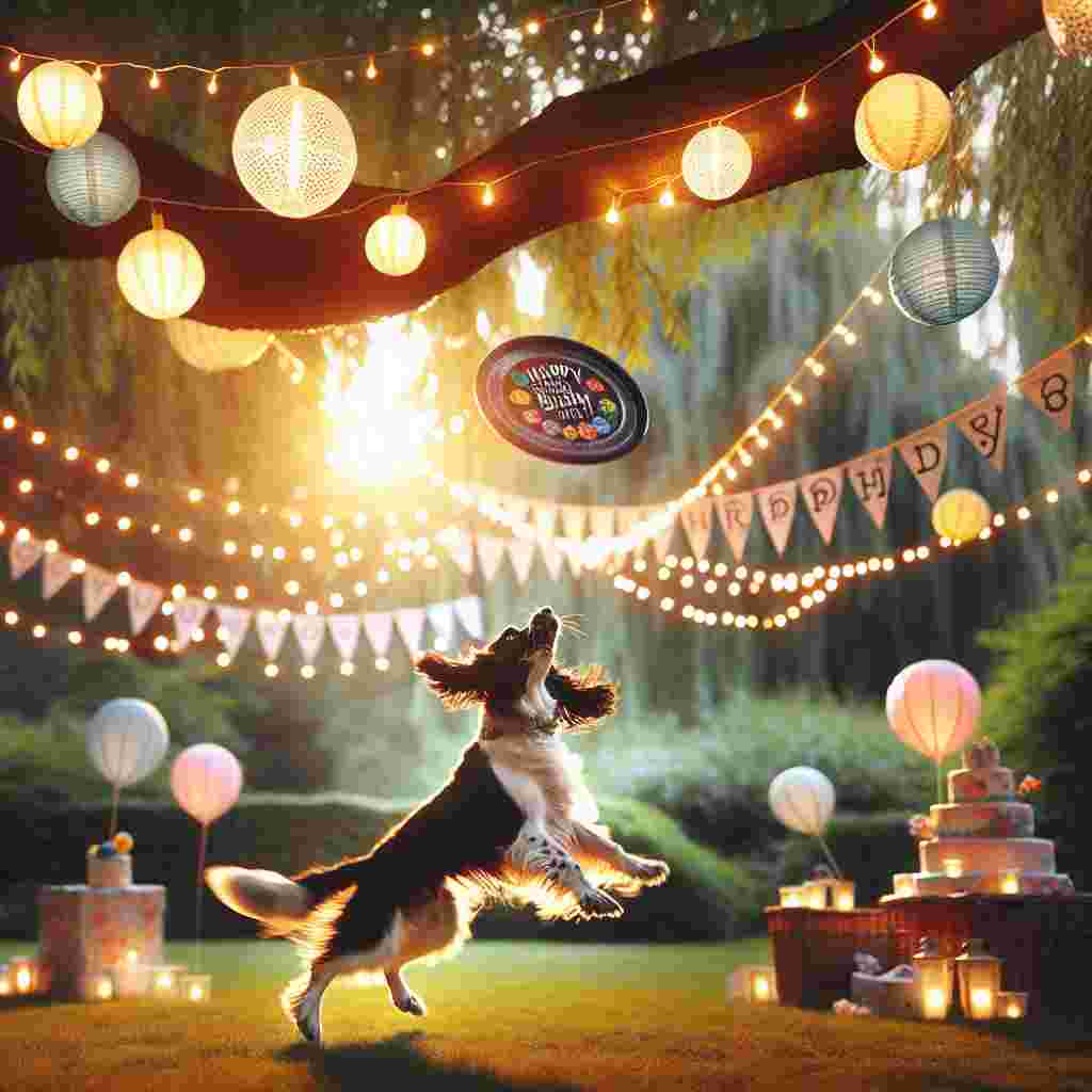 An English Springer Spaniel is playfully jumping to catch a frisbee, with a birthday theme. The park scene is decorated with strings of lights and paper lanterns, and a 'Happy Birthday' sign hangs from a tree branch in the soft, evening light.
Generated with these themes: English Springer Spaniel  .
Made with ❤️ by AI.