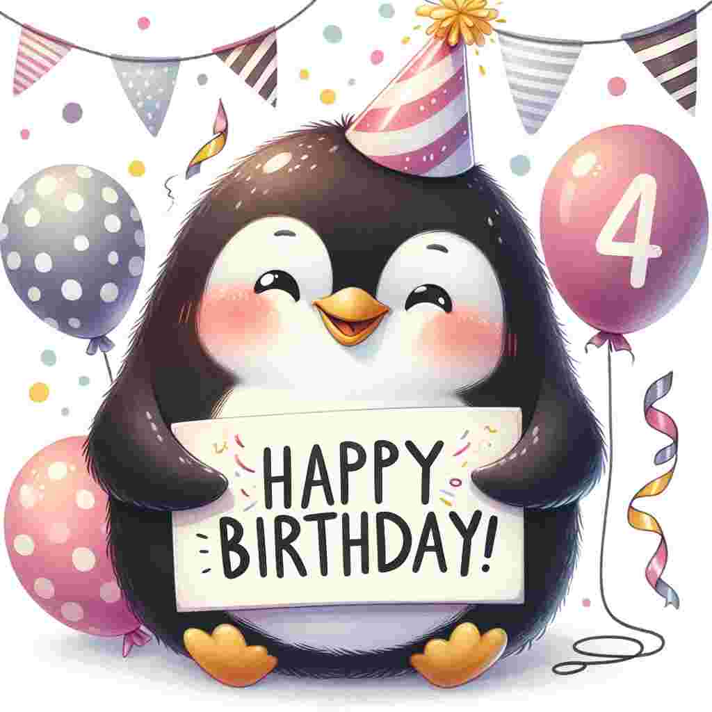A cute illustration that has a plump penguin wearing a party hat, with a backdrop of balloons, each imprinted with the number '44'. The penguin is holding a sign that reads 'Happy Birthday' in a fun, bold font, as paper streamers and confetti rain down around it.
Generated with these themes: 44th  .
Made with ❤️ by AI.