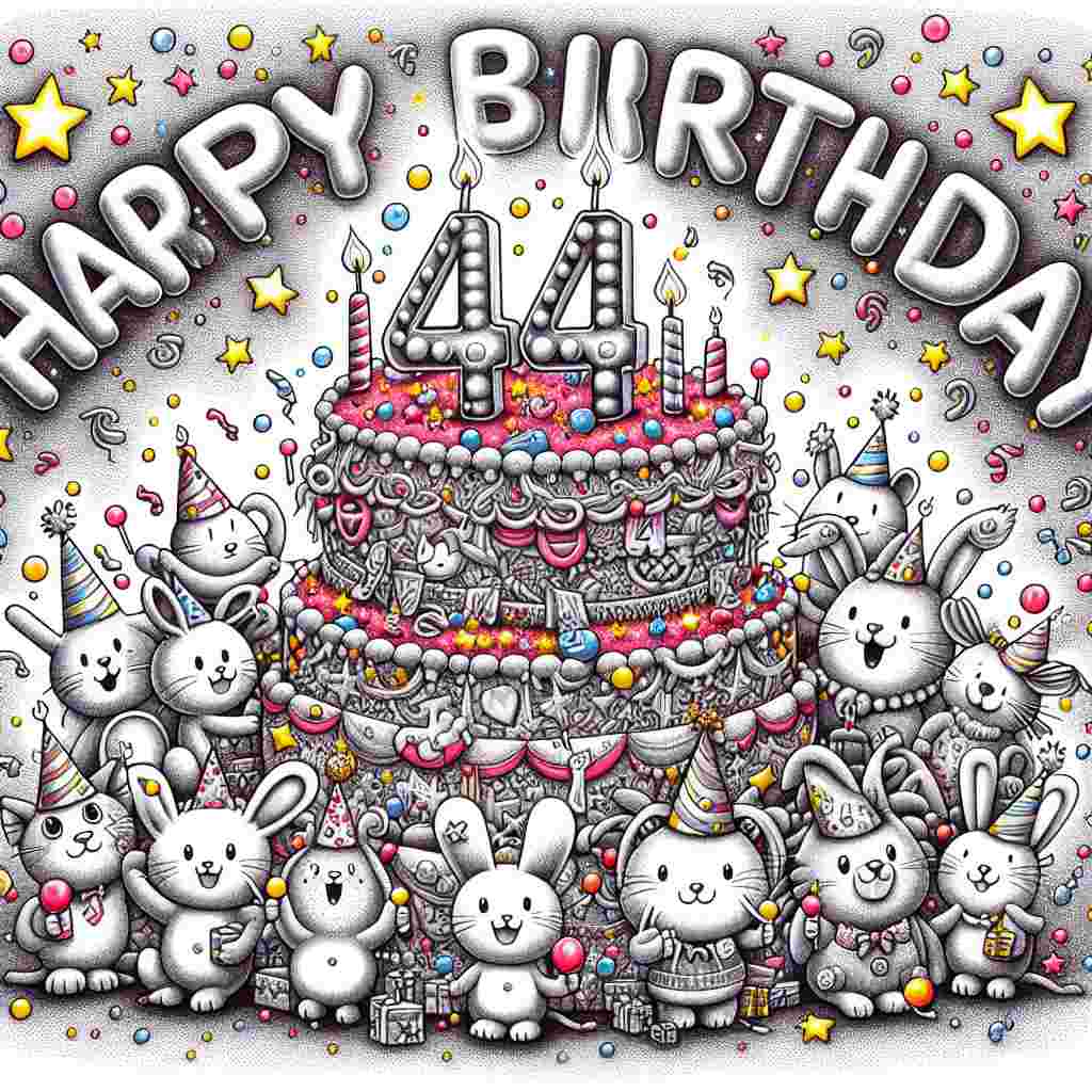 An illustration featuring a cheerful group of cartoon animals wearing party hats and gathered around a colorful birthday cake with four lit candles and the number '44' on top. Above them, in playful, bubble letters, is the text 'Happy Birthday' surrounded by little twinkling stars and confetti.
Generated with these themes: 44th  .
Made with ❤️ by AI.
