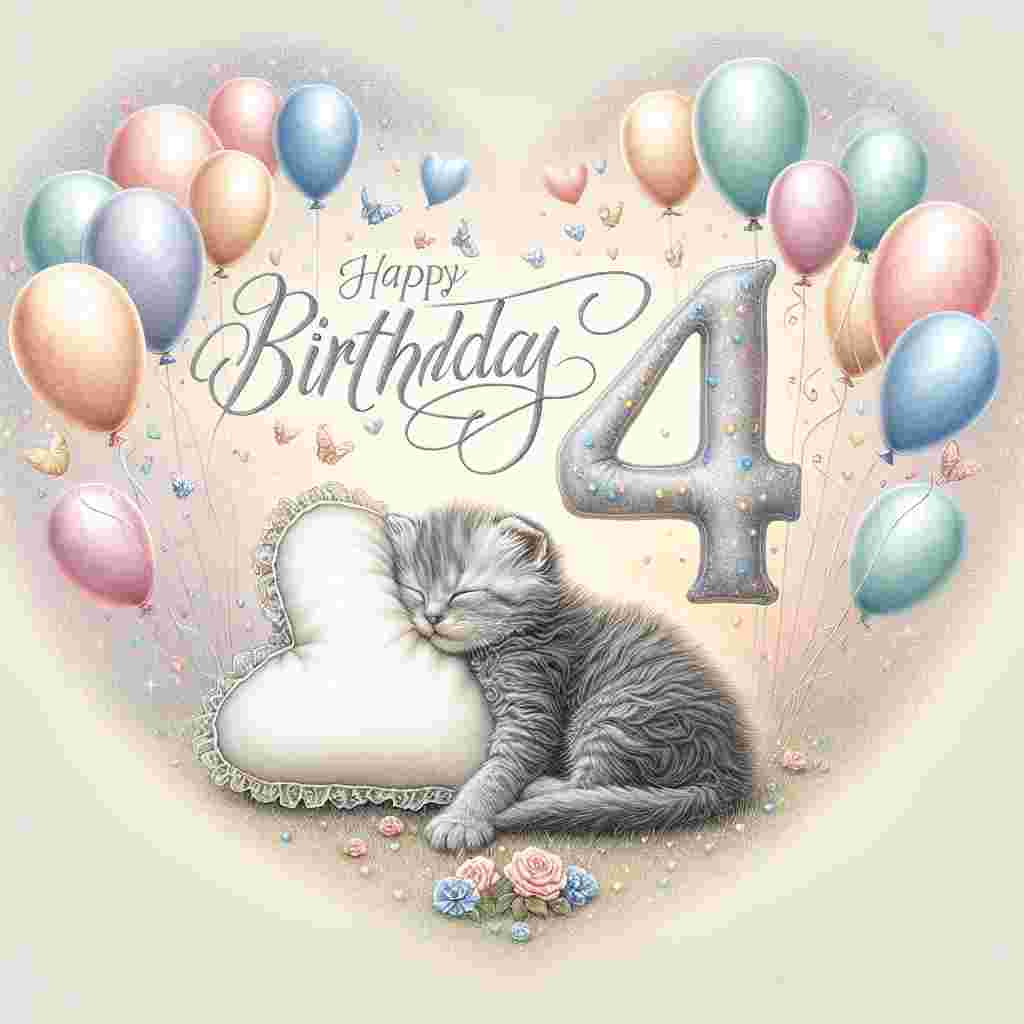 A charming drawing of a sleepy kitten cuddling with a number '44' shaped pillow. The background is adorned with pastel balloons and a banner that reads 'Happy Birthday' in cursive, all framed within a heart-shaped border sprinkled with glitter.
Generated with these themes: 44th  .
Made with ❤️ by AI.