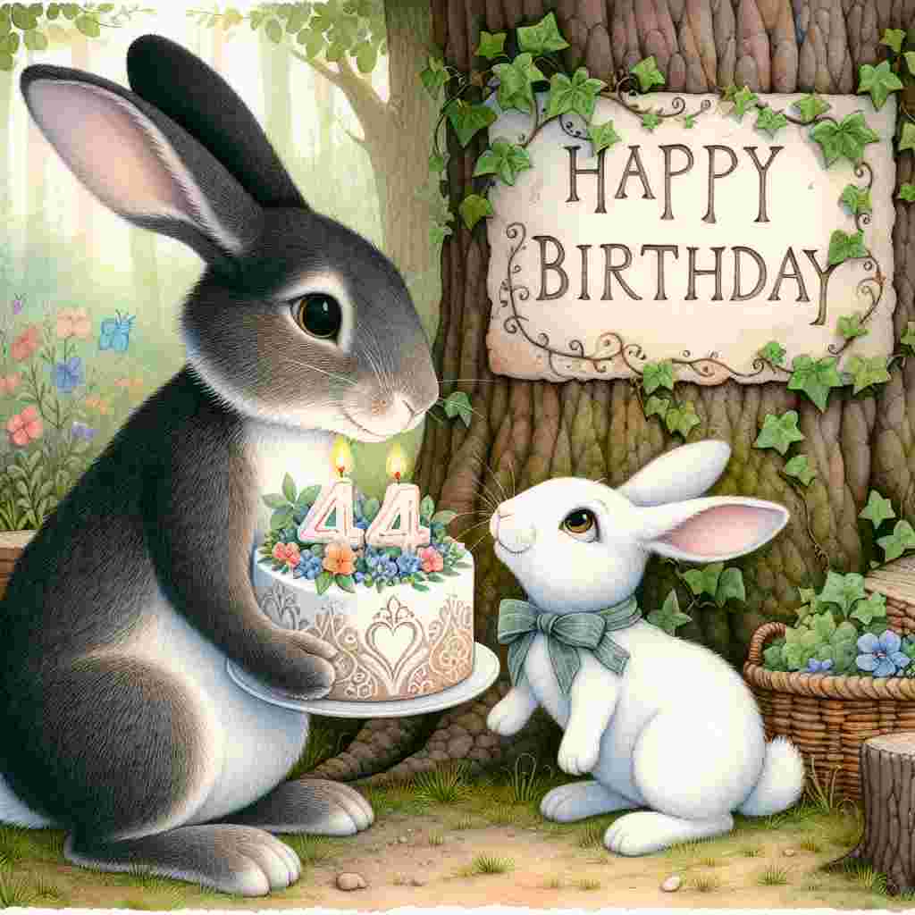 A quaint watercolor scene showing a whimsical woodland setting with a family of bunnies. The adult bunny is presenting a beautifully decorated birthday cake with the number '44' to a younger bunny, while the words 'Happy Birthday' are etched into the tree bark above them, entwined with soft, climbing ivy.
Generated with these themes: 44th  .
Made with ❤️ by AI.