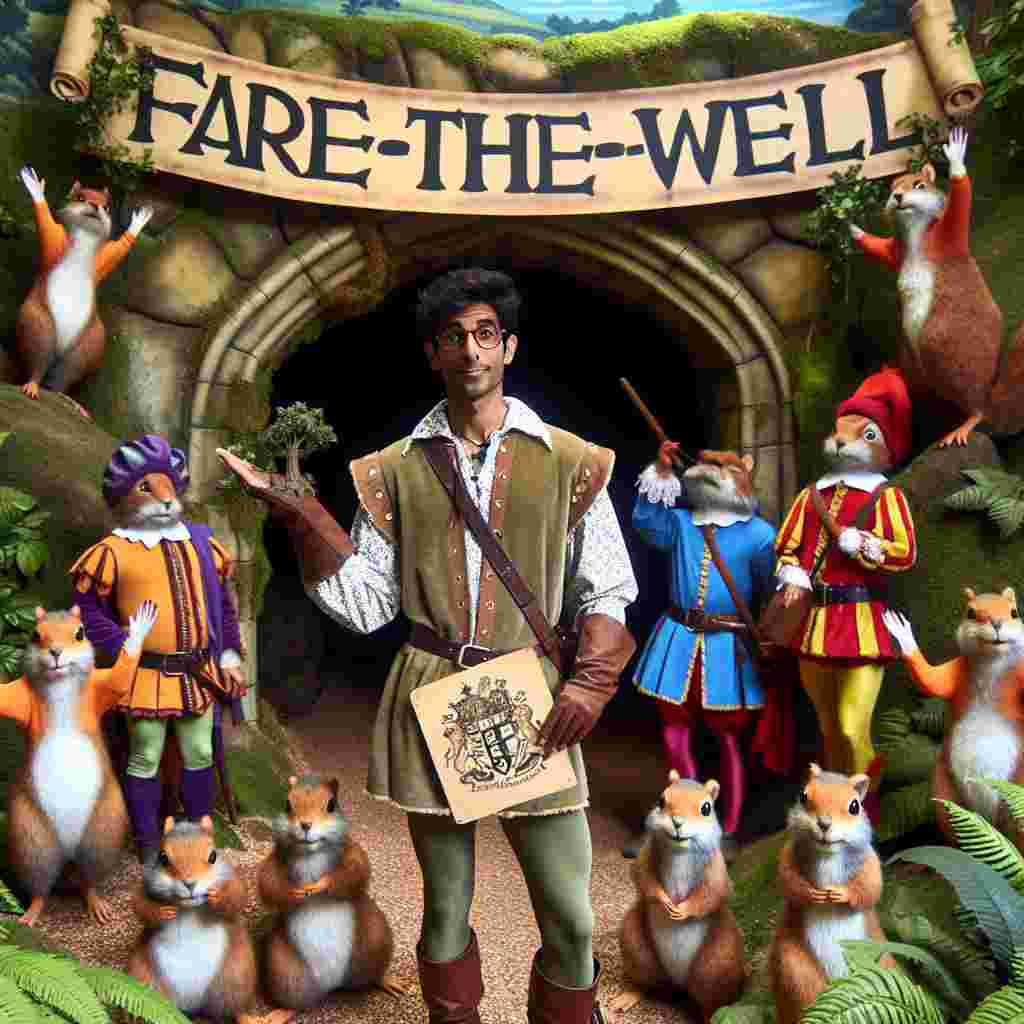 Generate an image of a South Asian male adventurer wearing caving attire, situated within the lush greenery of a forest reminiscent of something from an old English fairy tale, Nottingham Forest. The adventurer is holding a sign with the whimsical phrase 'Fare-Thee-Well' written in bold letters. The forest is alive with a fun-filled surprise; a group of squirrels, comically dressed as merry men, are planning a surprise farewell party. The setting is humorous and full-hearted, with the ornate cave in the backdrop filled with banners that echo the farewell sentiment.
Generated with these themes: Caving, and Nottingham forest.
Made with ❤️ by AI.
