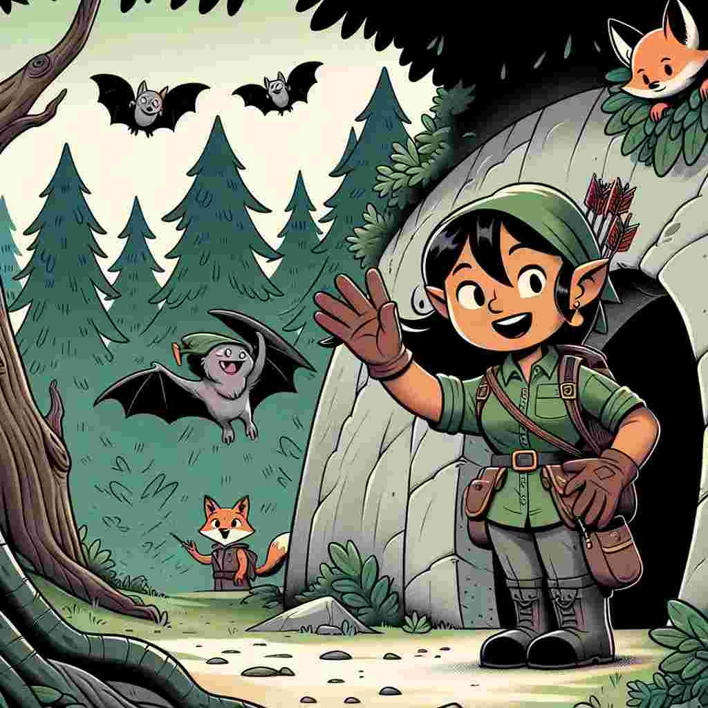 Create a comical illustration of a South Asian female character, styled in spelunking gear, waving goodbye from the entrance of a cave designed to signify the Nottingham Forest. Overhead, bats adorned with Robin Hood hats fly, while a cheeky fox peeks from behind one of the trees, copying the farewell gesture. The forests surrounding the cave are thick and verdant, with subtle humorous details like miniature arrows lodged in the tree trunks, signifying an affectionate yet amusing farewell to a caving enthusiast.
Generated with these themes: Caving, and Nottingham forest.
Made with ❤️ by AI.