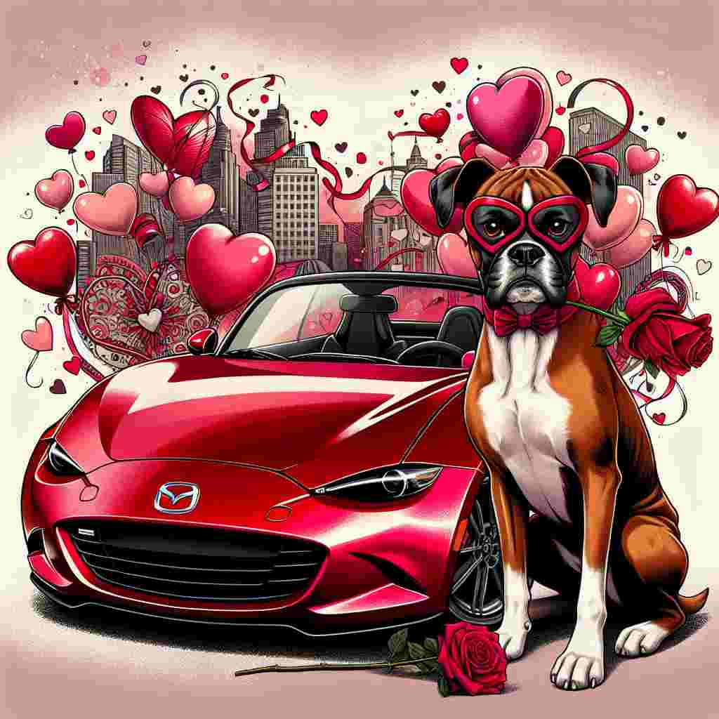 An illustration that captures the spirit of Valentine's Day. The centerpiece is a vibrant red Mazda MX-5, decorated with an array of hearts and festive ribbons. Beside the vehicle, a spirited boxer dog brings a touch of humor and playfulness to the scene. This canine friend is wearing a mask inspired by a popular superhero and holds a rose delicately between its teeth. A cheery array of pink and red balloons surrounds the pooch. To complete the scene, an abstract city skyline paints a silhouette in the background, subtly inspired by the architectural elements found in famous comic book cities.
Generated with these themes: Mx5, Boxer dog, and Batman.
Made with ❤️ by AI.