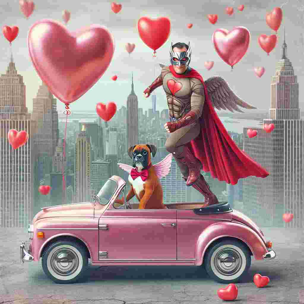 In this affectionate Valentine's Day scene, a figure in a caped crusader-style costume stands atop a small pink convertible car, with the outline of a city teeming with skyscrapers in the backdrop. A playful boxer dog sporting a dapper bow tie and a set of cherubic wings frolics around the automobile, in an attempt to grasp heart-shaped balloons floating in the atmosphere.
Generated with these themes: Mx5, Boxer dog, and Batman.
Made with ❤️ by AI.
