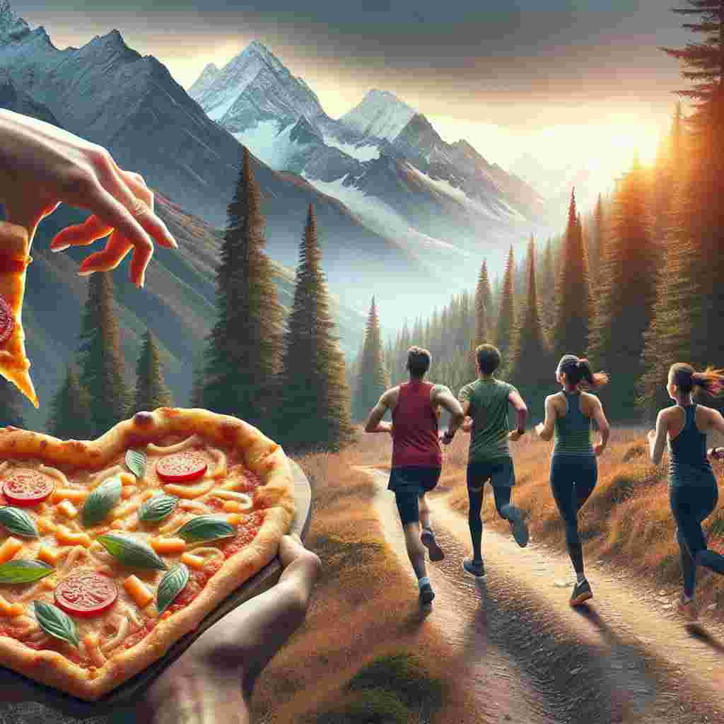 In the heart of a scenic forest, embraced by tall mountains, a winding trail invites avid trail-runners, consisting of a mix of South Asian males and Caucasian females. They reach a hidden area with a stunning vista, their hearts and hungers are taken over by a delicious heart-shaped pizza. This image symbolizes a Valentine's Day celebration of their energetic lifestyle and mutual fondness.
Generated with these themes: Mountains and forest, trail running, pizza heart.
Made with ❤️ by AI.