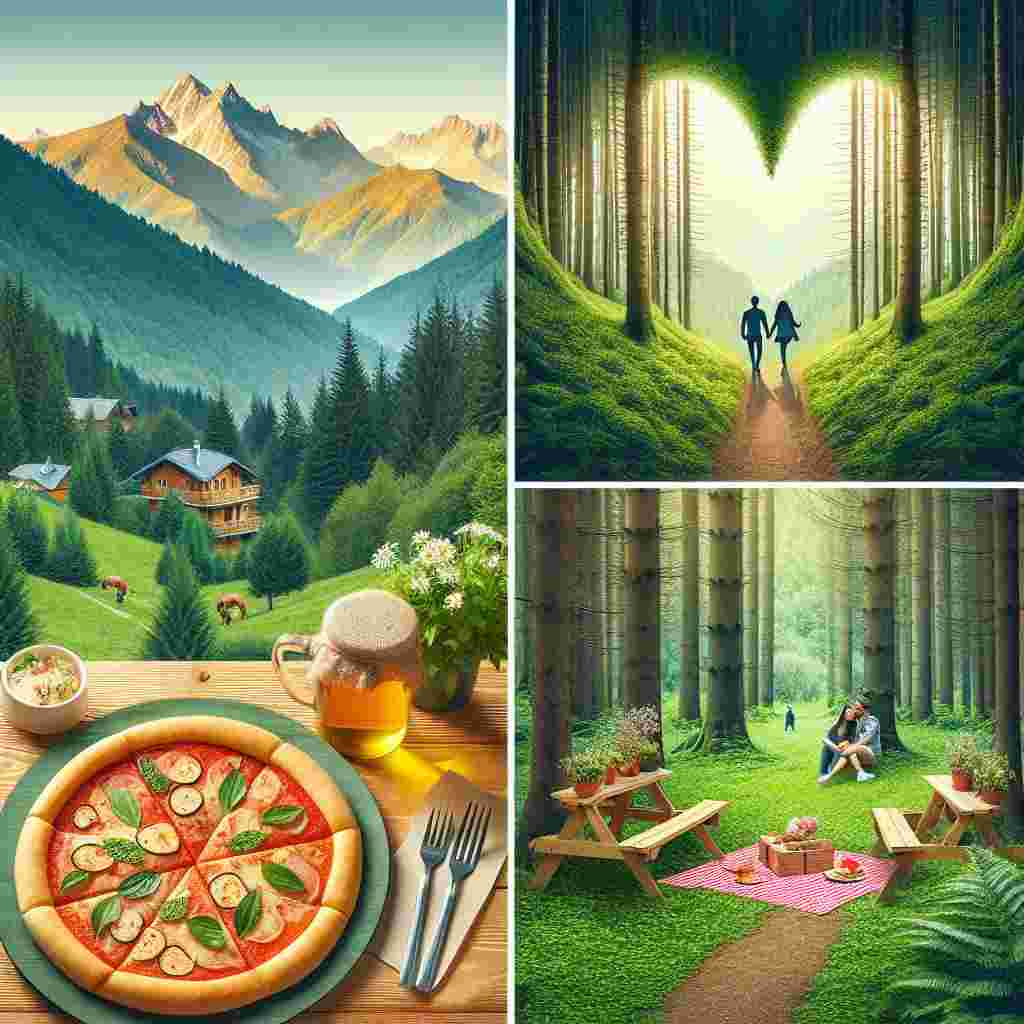Capture a tranquil scene that features majestic mountains in the backdrop harmonizing with a verdant forest. A winding trail in the forest welcomes adventurous couples of different descents and genders to engage in a passionate run. Inside this natural splendor, a cozy clearing displays a romantically arranged picnic. A highlight of the scene is a heart-shaped pizza, conveying the themes of love and shared passions, fitting for a Valentine's Day image.
Generated with these themes: Mountains and forest, trail running, pizza heart.
Made with ❤️ by AI.