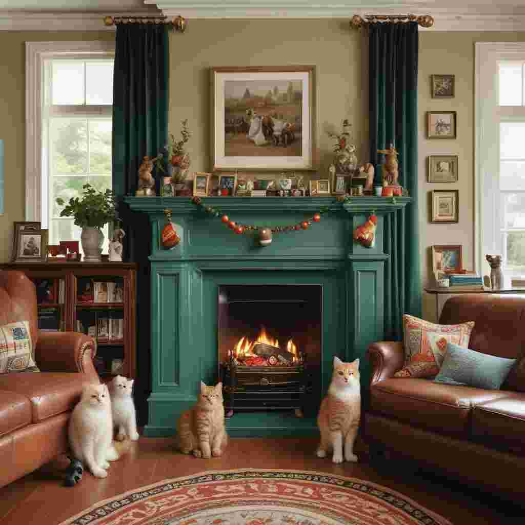 Realistic Cute, Depict a well-appointed den, where a polished glass cabinet showcases an extensive selection of memorabilia related to a popular football club, including endorsed footballs and small-scale trophies. The mantelpiece is decorated with a garland of glossy jelly beans, reflecting the room's cozy ambiance. Two cats, a white one and a ginger one, are comfortably nestled together on a plush rug, engaging in a playful interaction with a football toy. An isolated armchair, complete with a cushion reflecting the colours of the same football club, invites contemplative silence on the happiness of being a father.
Generated with these themes: Manchester united, football, jelly beans, white and ginger cats.
Made with ❤️ by AI.